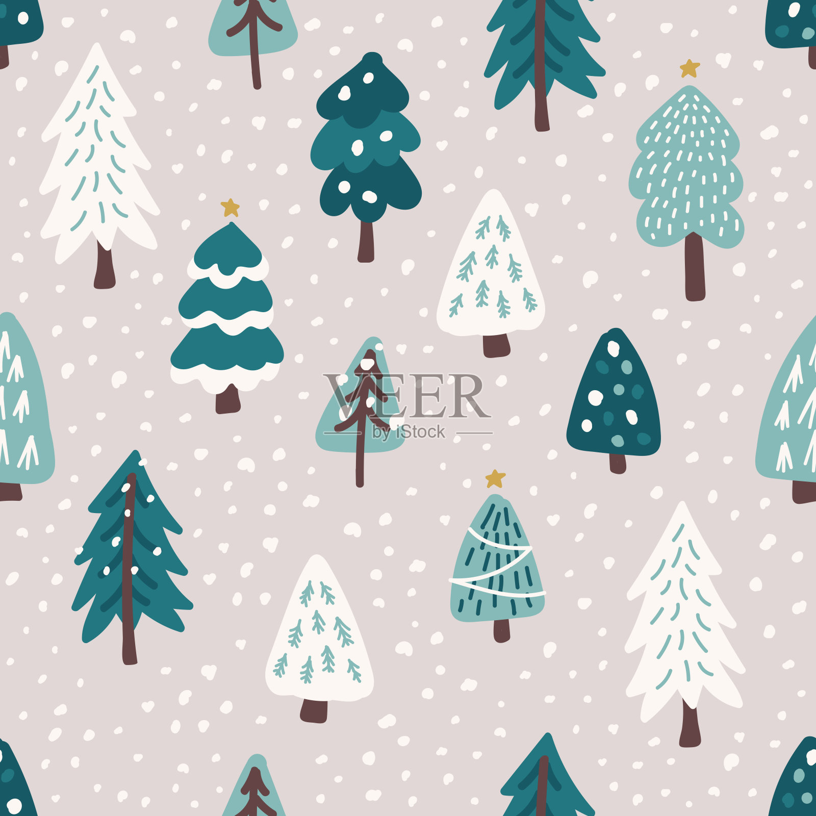 可爱的斯堪的纳维亚圣诞树无缝图案背景与手绘雪杉树森林插画图片素材
