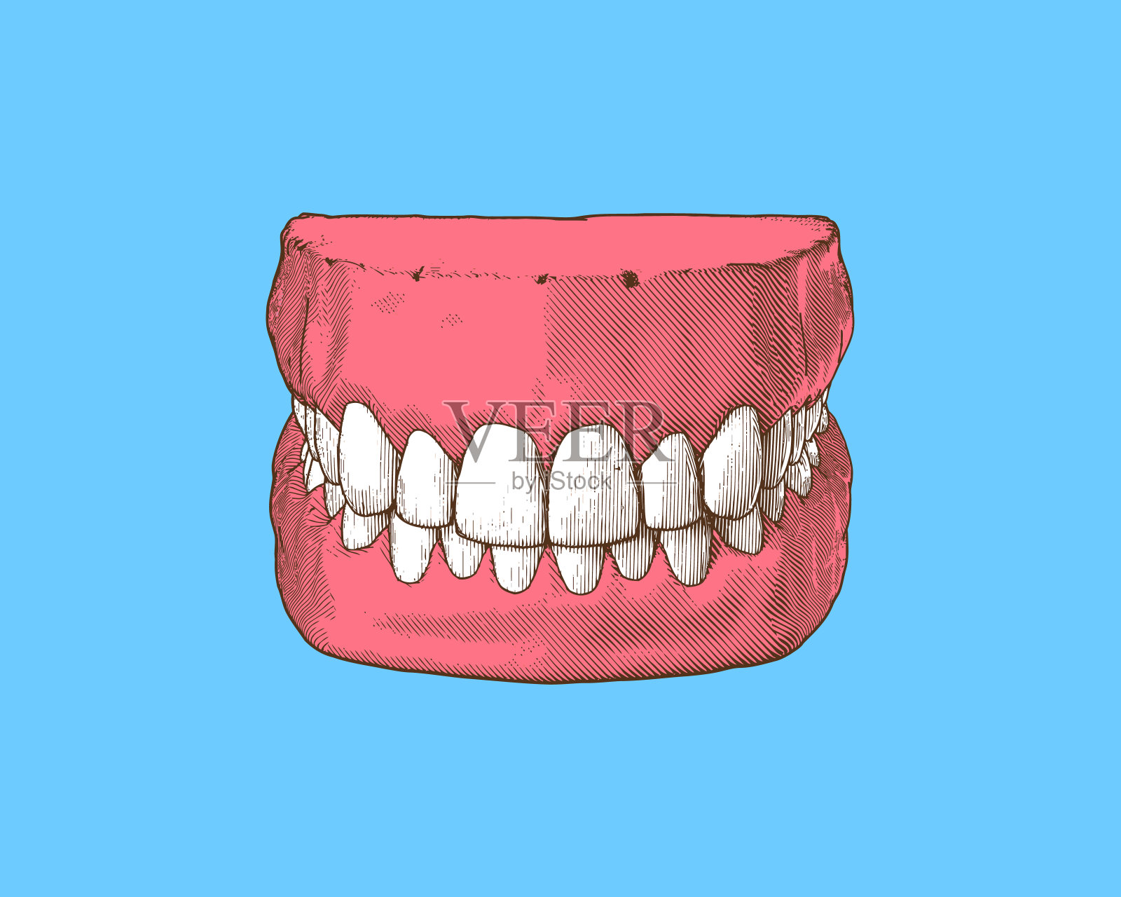 复古的人类牙齿和牙龈上的蓝色BG插图插画图片素材