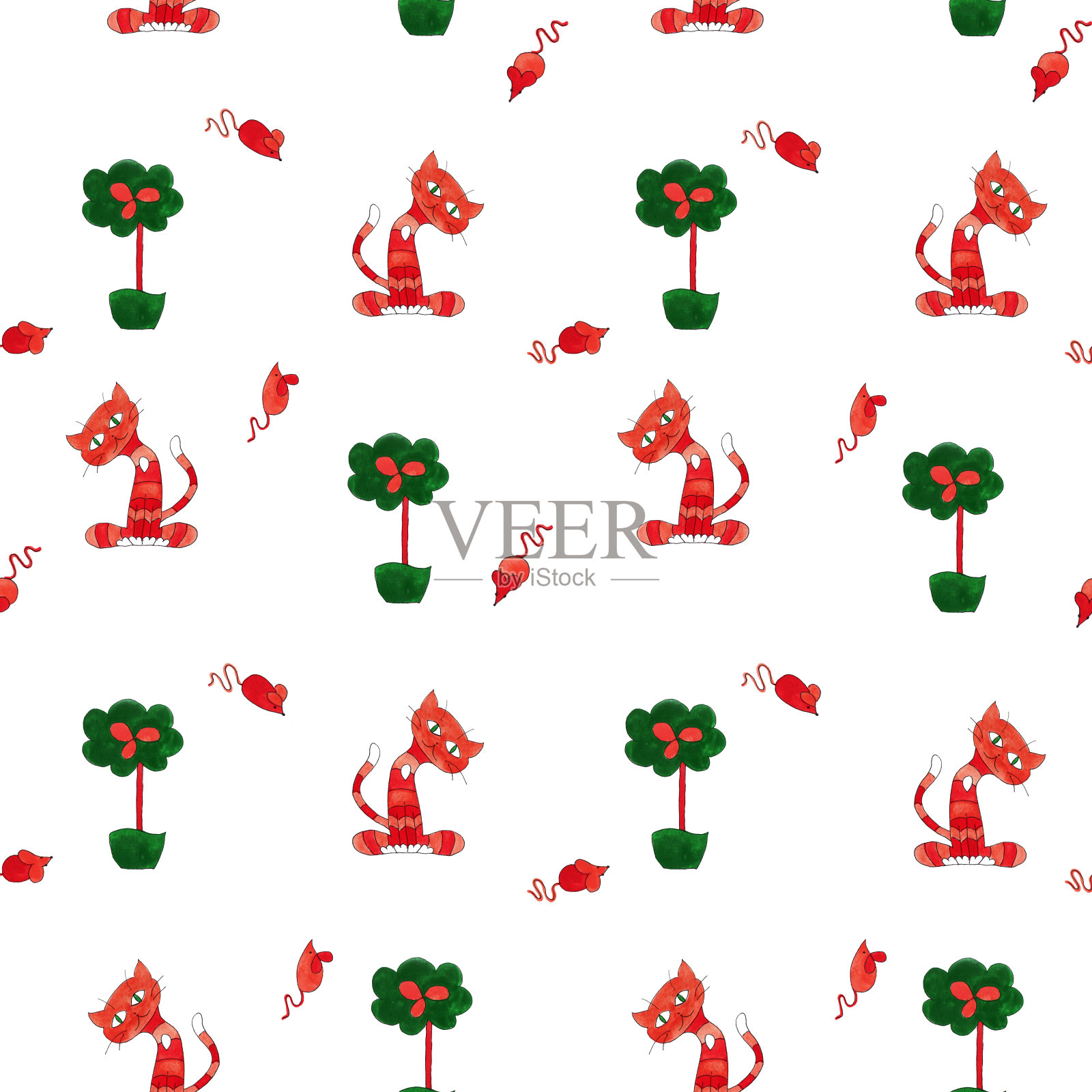 无缝图案温暖的猫热诚橙色姜阳光虎斑家垫，花，灌木和老鼠插画图片素材