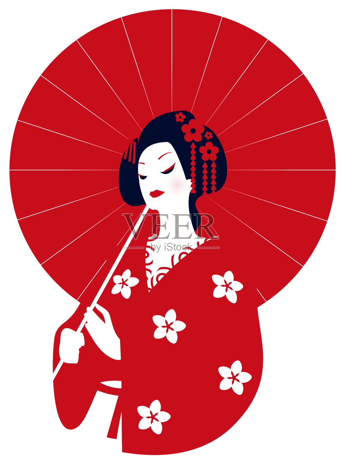穿着和服的艺妓，手里拿着一把红色的雨伞。矢量插图。红色圆圈作为日本的象征。插画图片素材