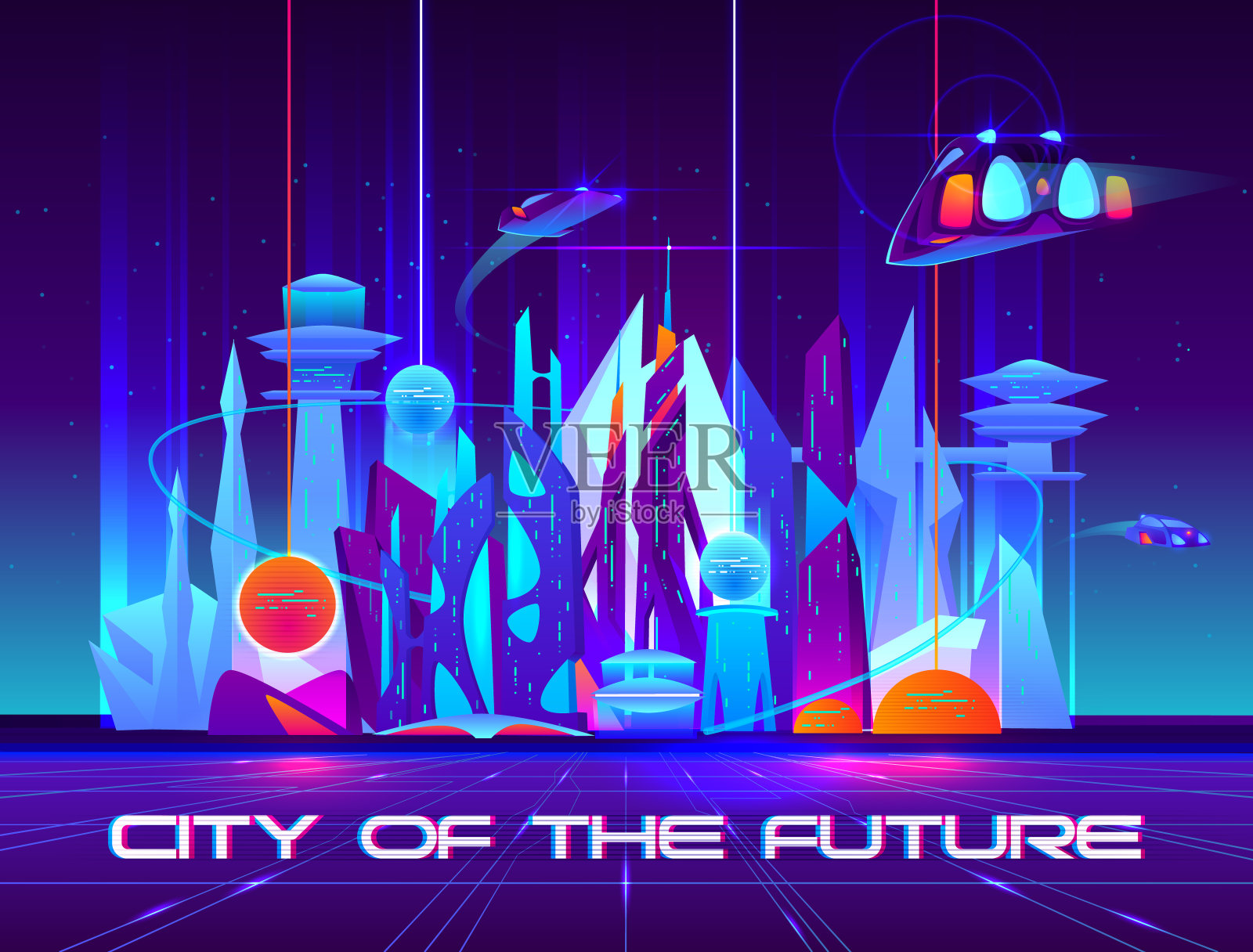 夜晚的未来之城，霓虹闪烁设计模板素材