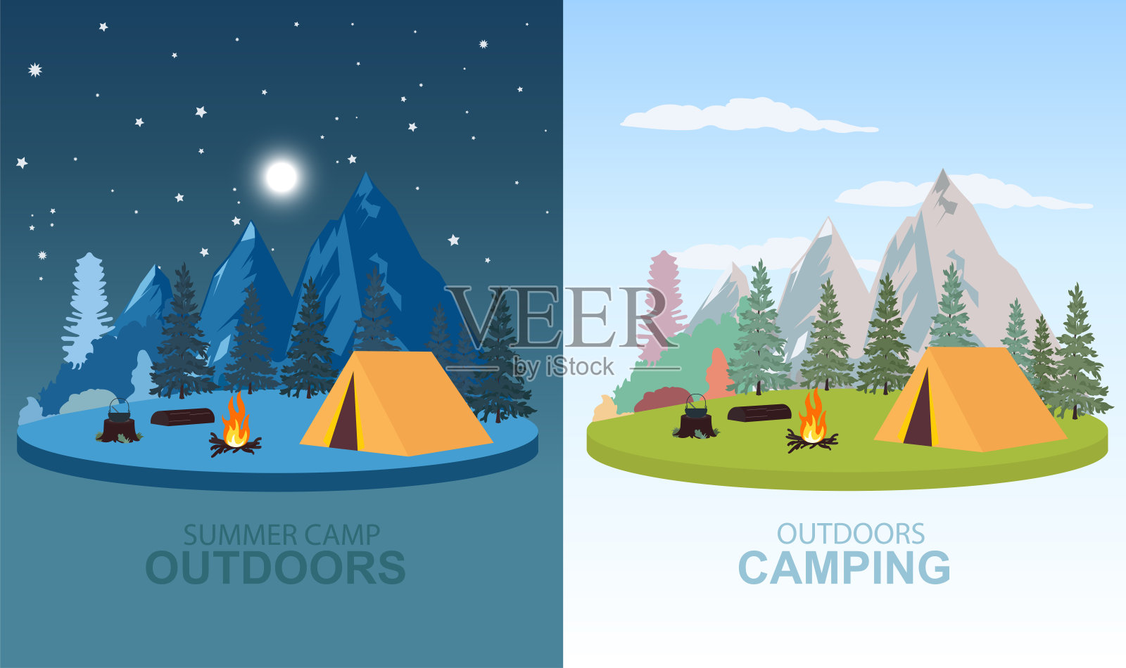 矢量营地在早晨和晚上以山、树为背景插画图片素材