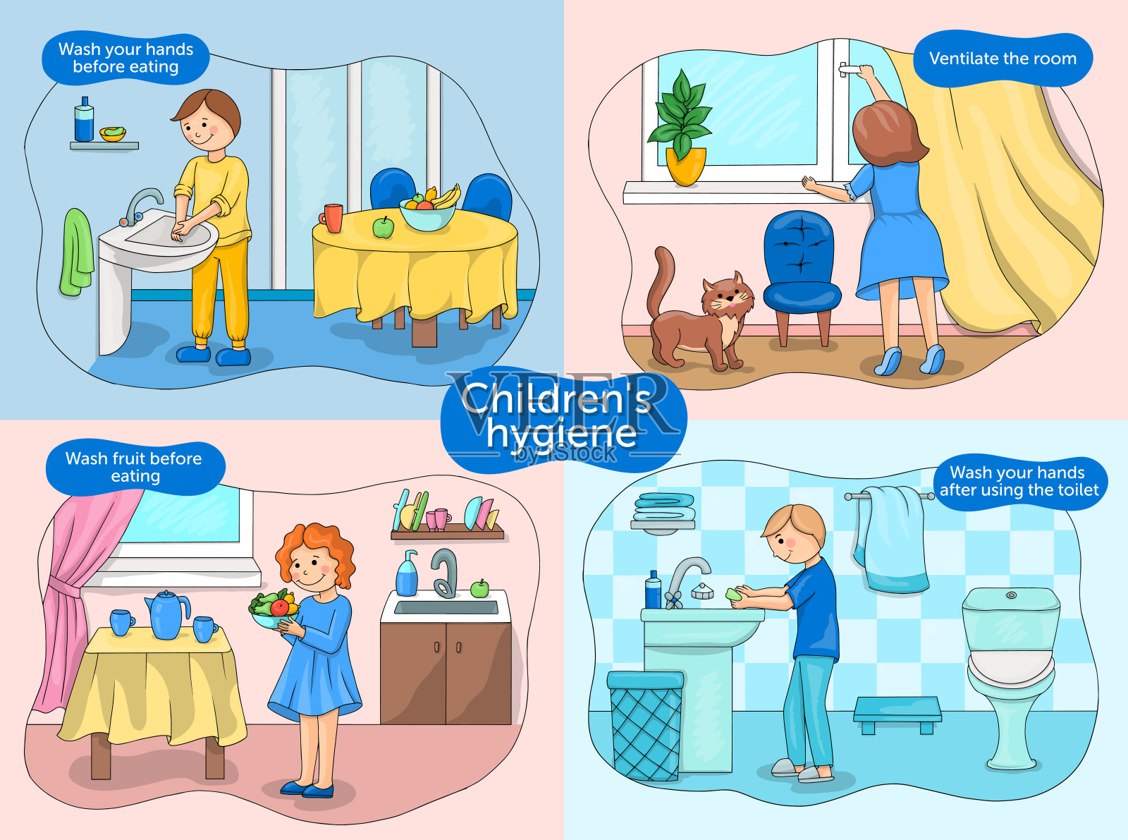 矢量插图海报婴儿卫生。儿童教育海报。进食前如何洗手、通风、洗蔬菜水果插画图片素材