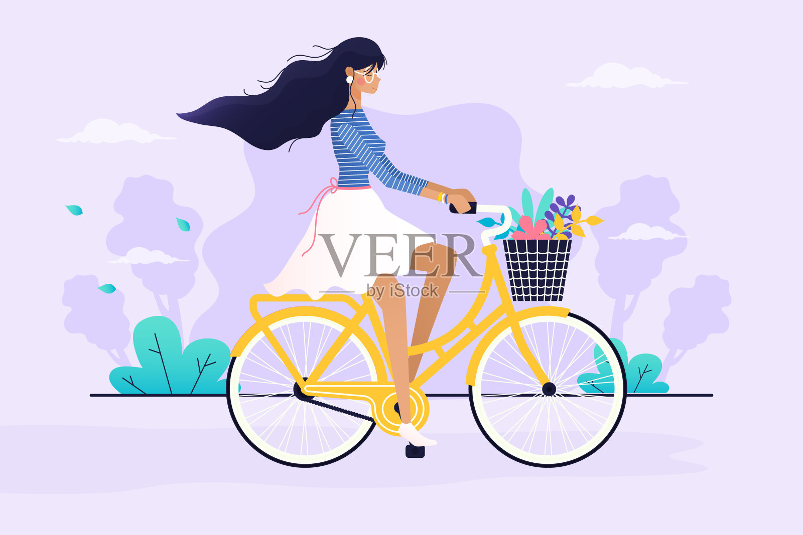 春季的一天。骑自行车的女孩。插画图片素材