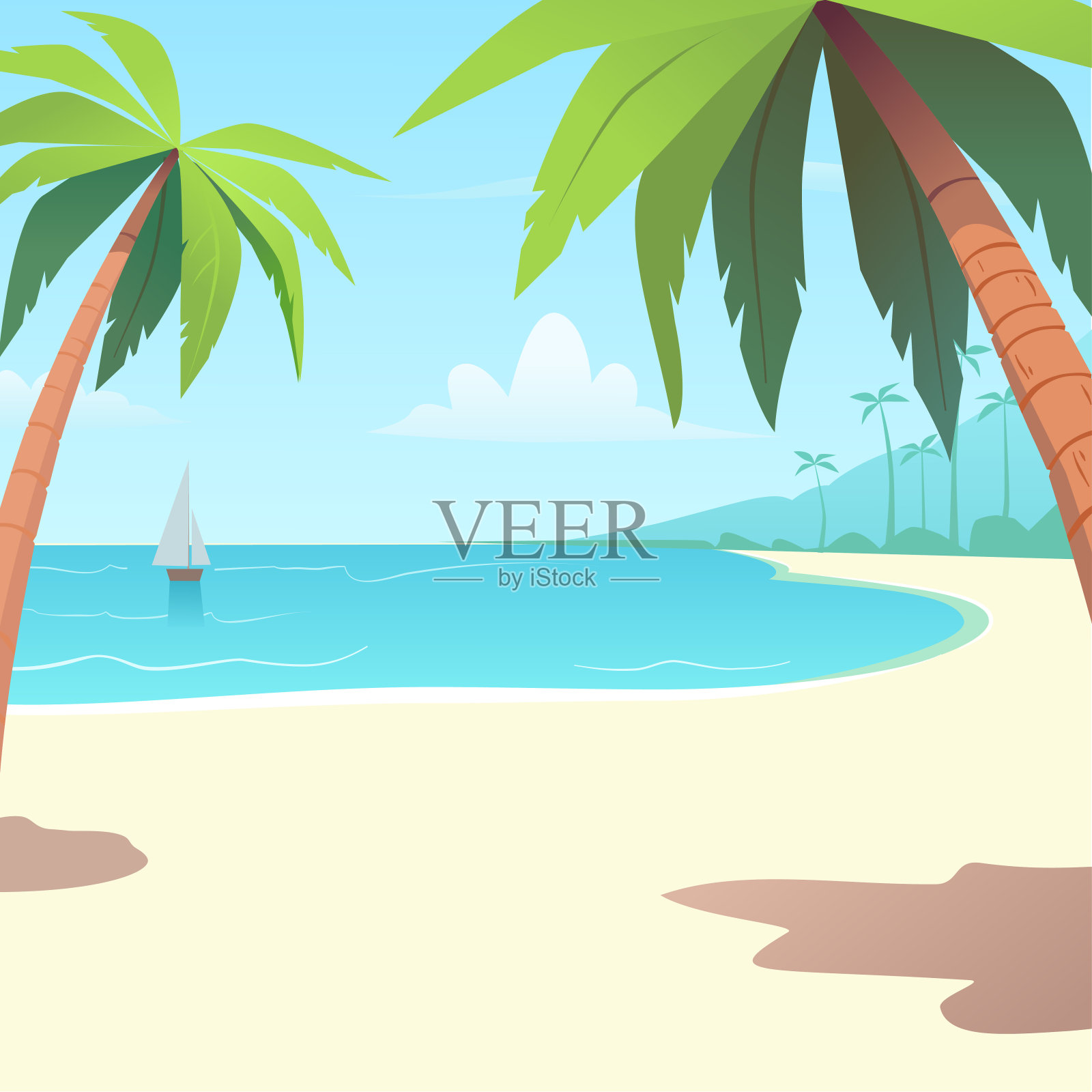 夏天的背景。阳光明媚的热带海滨，插画图片素材