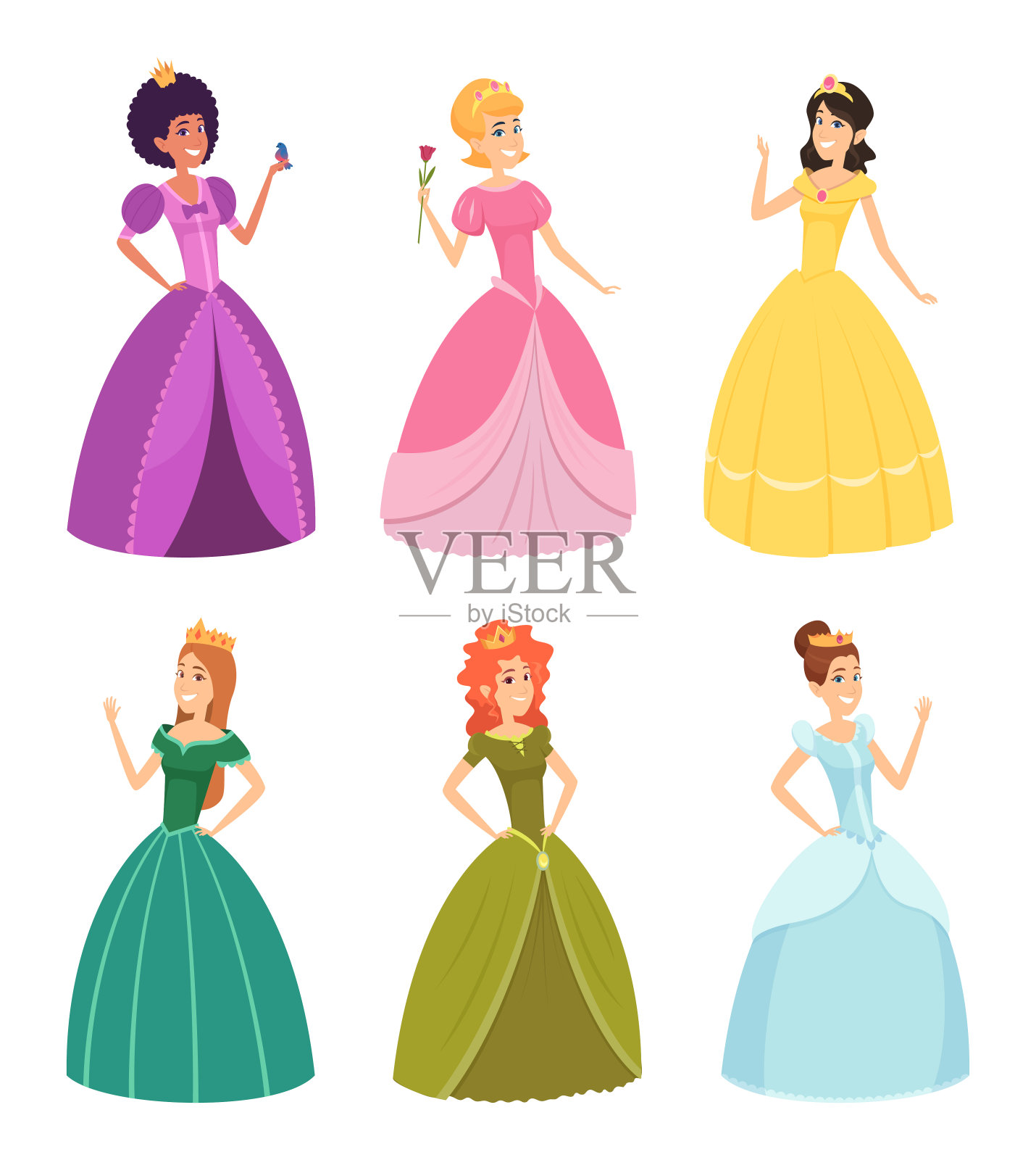 童话公主。时尚的幻想女孩在美丽的服装卡通公主和女王儿童矢量人物设计元素图片
