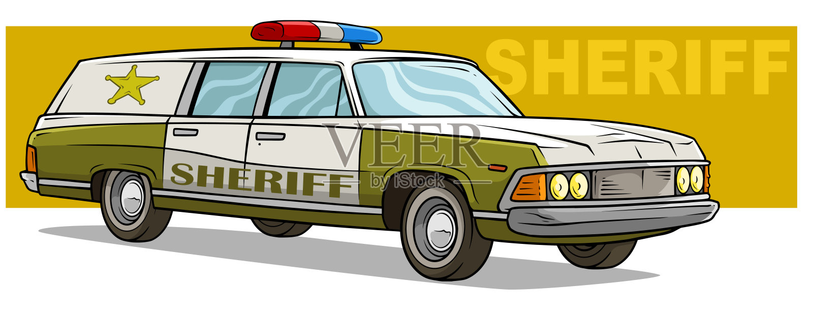 卡通绿色警长复古车与金色徽章设计元素图片