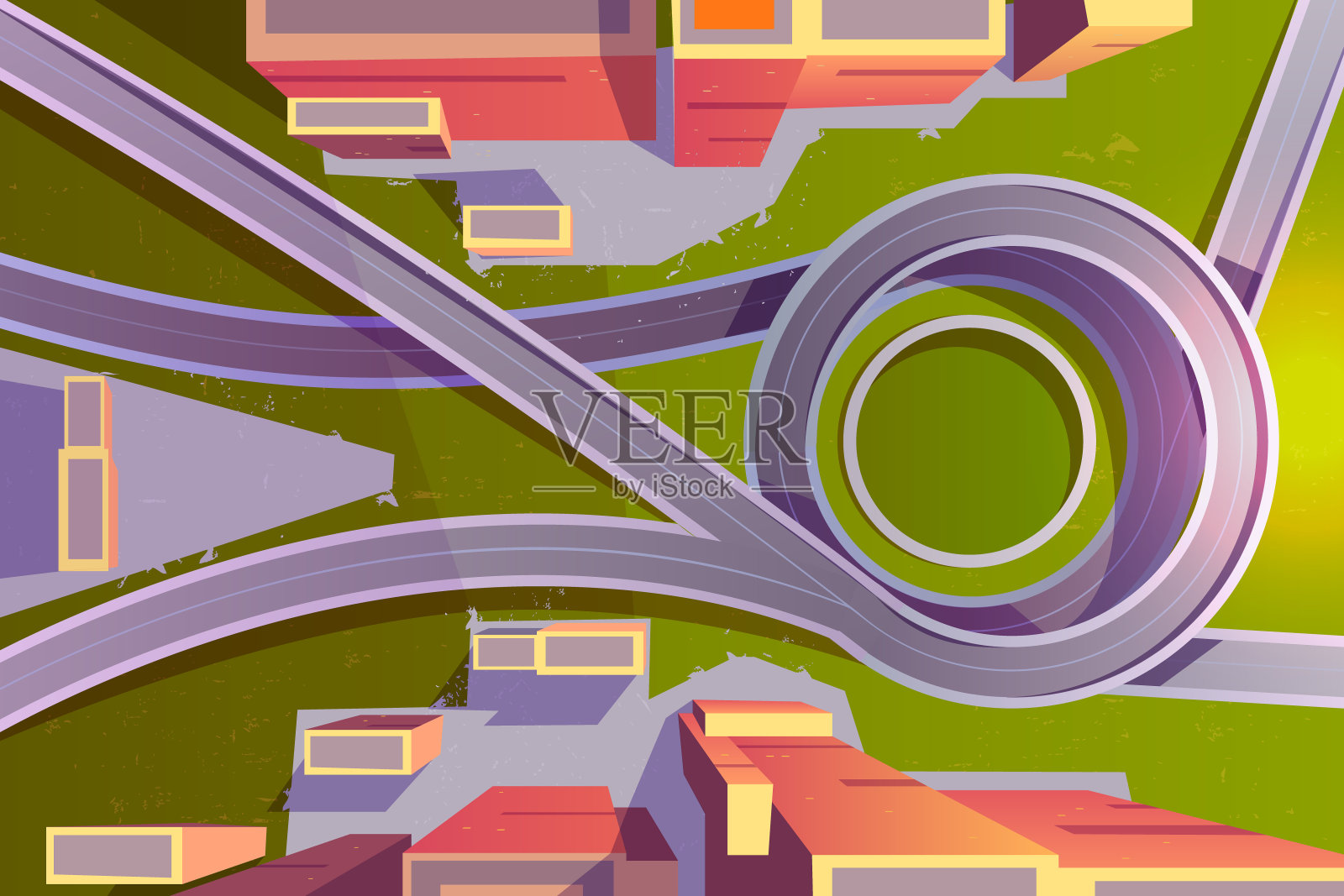 俯视图交通立交在城市，空路插画图片素材