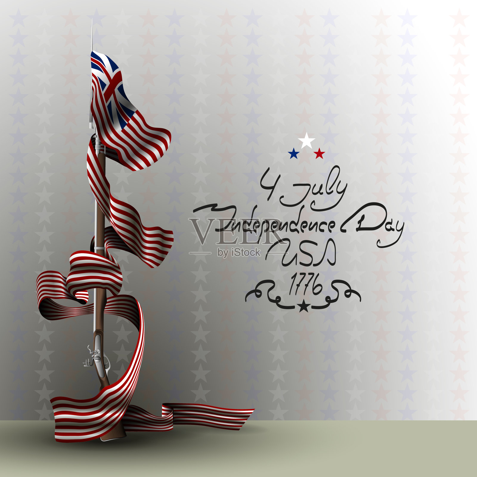 美国独立日。独立日的背景。七月四日。背景是一支步枪。带刺刀的滑膛枪Lettering-independence一天。插画图片素材
