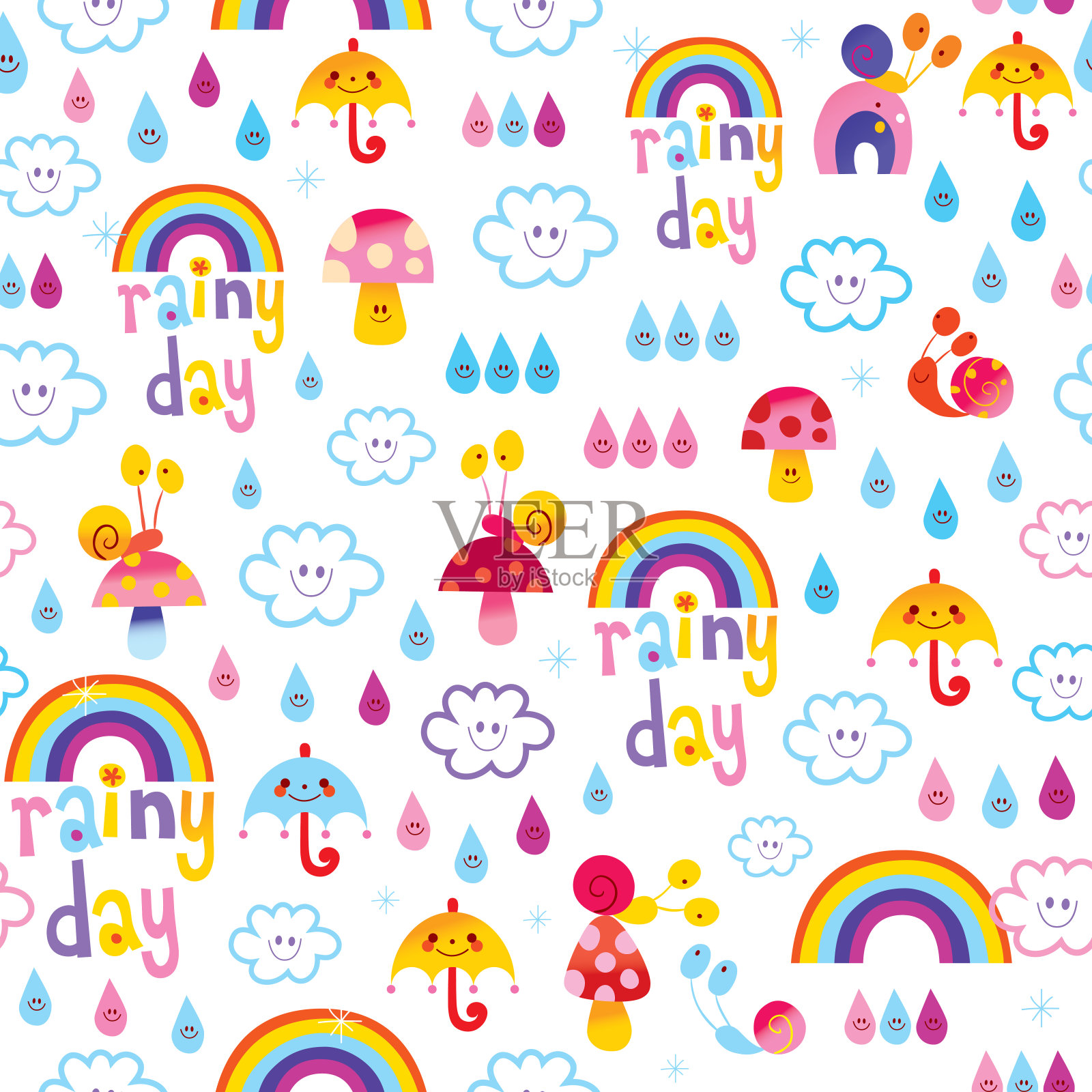 雨天，云，彩虹，伞，雨滴，蜗牛，孩子无缝图案插画图片素材