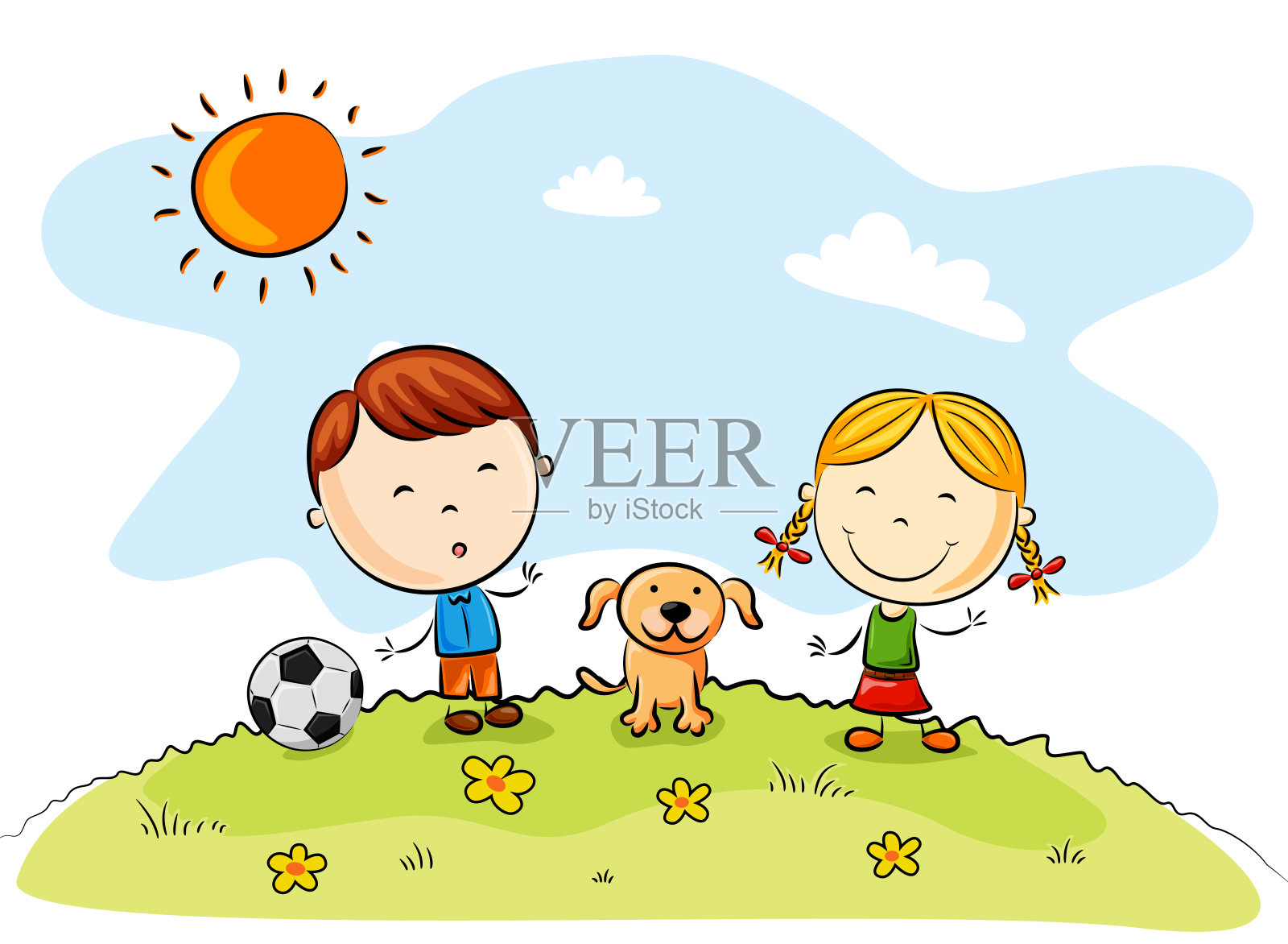 孩子们在公园里和狗踢足球设计元素图片