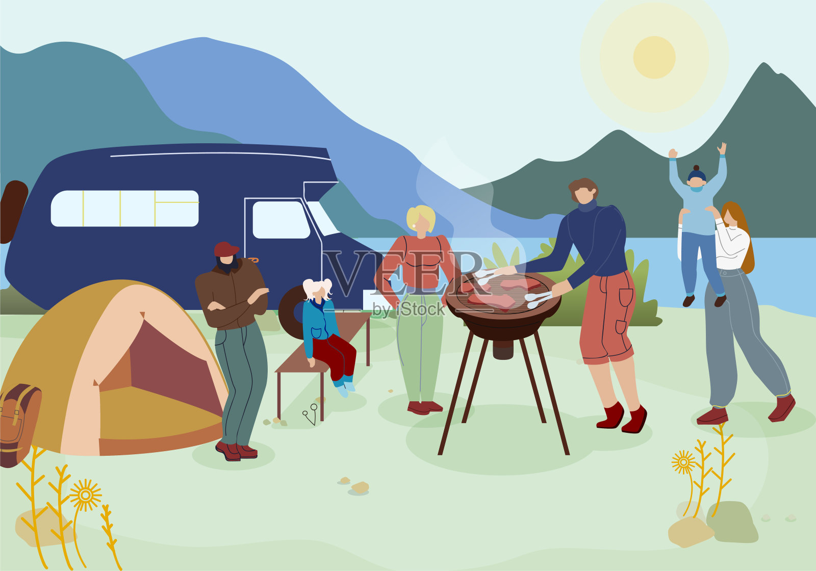 游客烧烤派对矢量插图插画图片素材