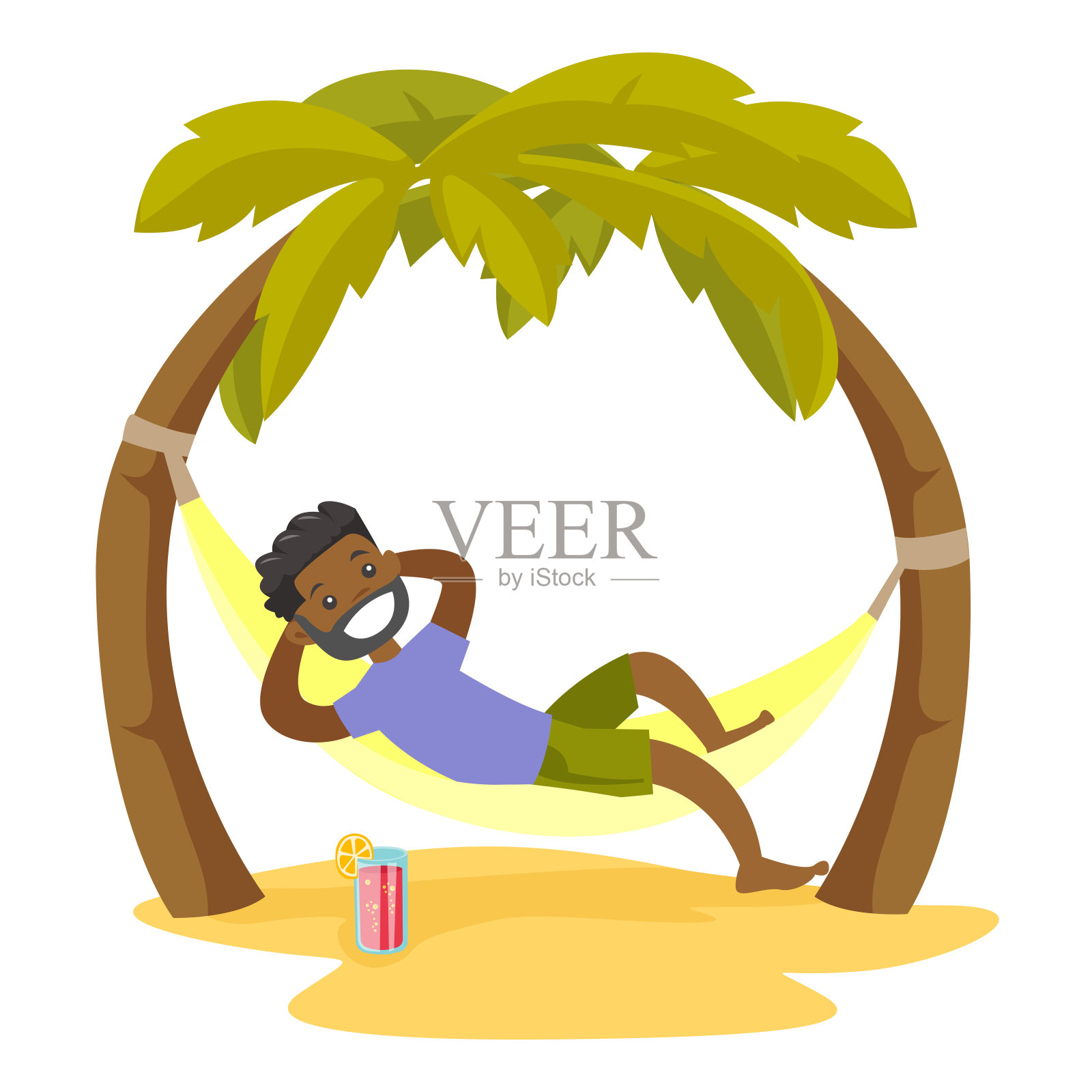 一个非裔美国人躺在沙滩上的吊床上设计元素图片