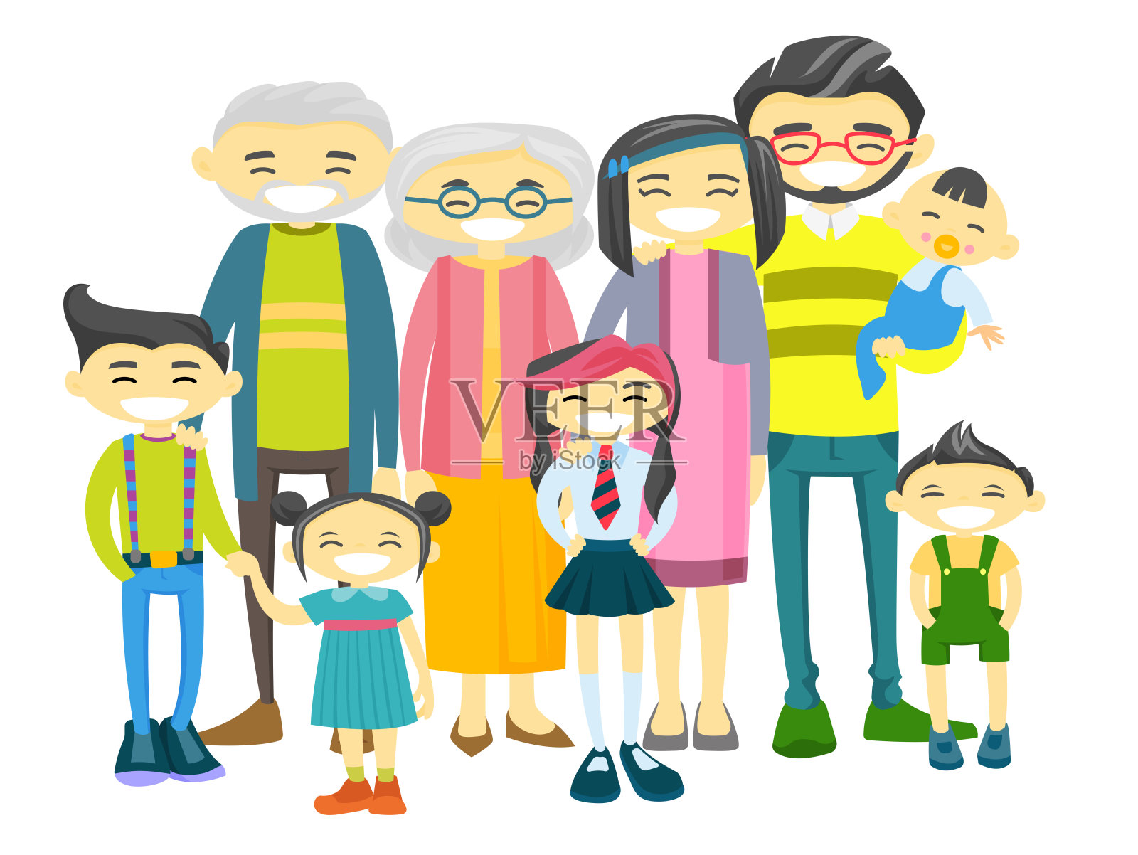 快乐的亚洲大家庭和许多孩子插画图片素材