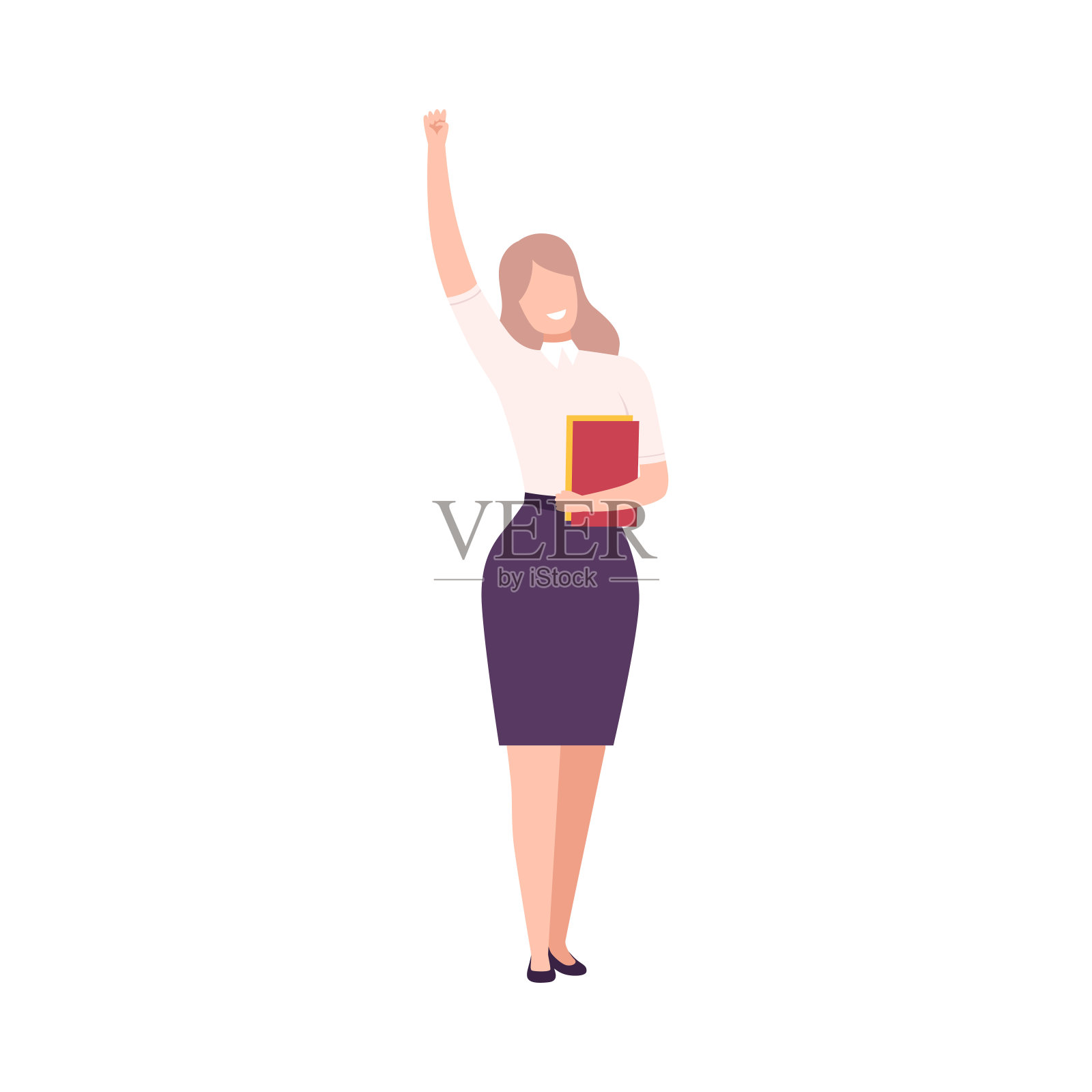 成功的女商人，微笑的经理人物在办公室衣服站着与她的手向上的平面矢量插图插画图片素材