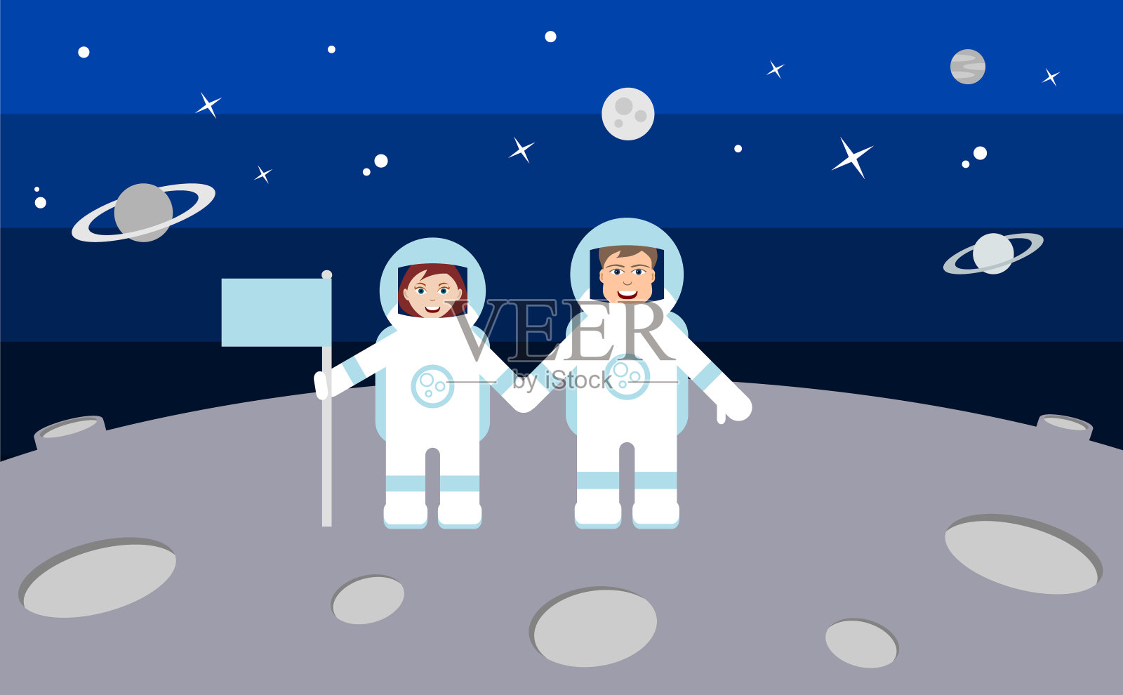两个宇航员手牵着手。穿着太空服的快乐男女微笑着。爱，太空旅行，探索。插画图片素材