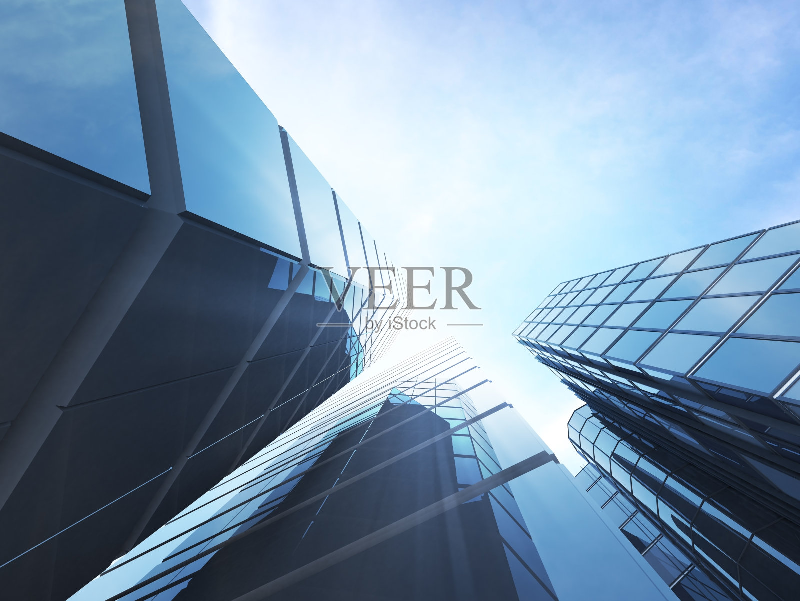 以蓝天为背景的高层玻璃办公大楼，未来建筑的商业理念，仰望楼顶的阳光。三维渲染照片摄影图片