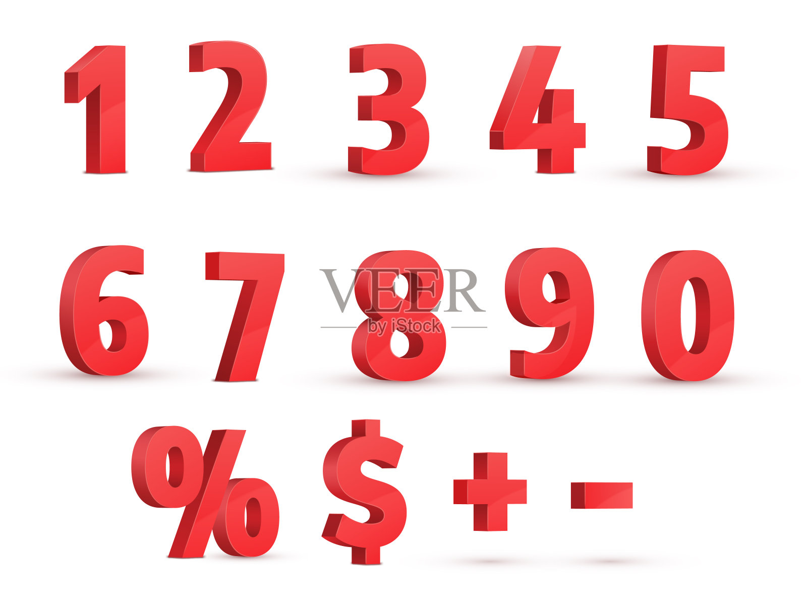 红色的数字。三维现实向量集。透视图。百分号，美元号，正负号。插画图片素材