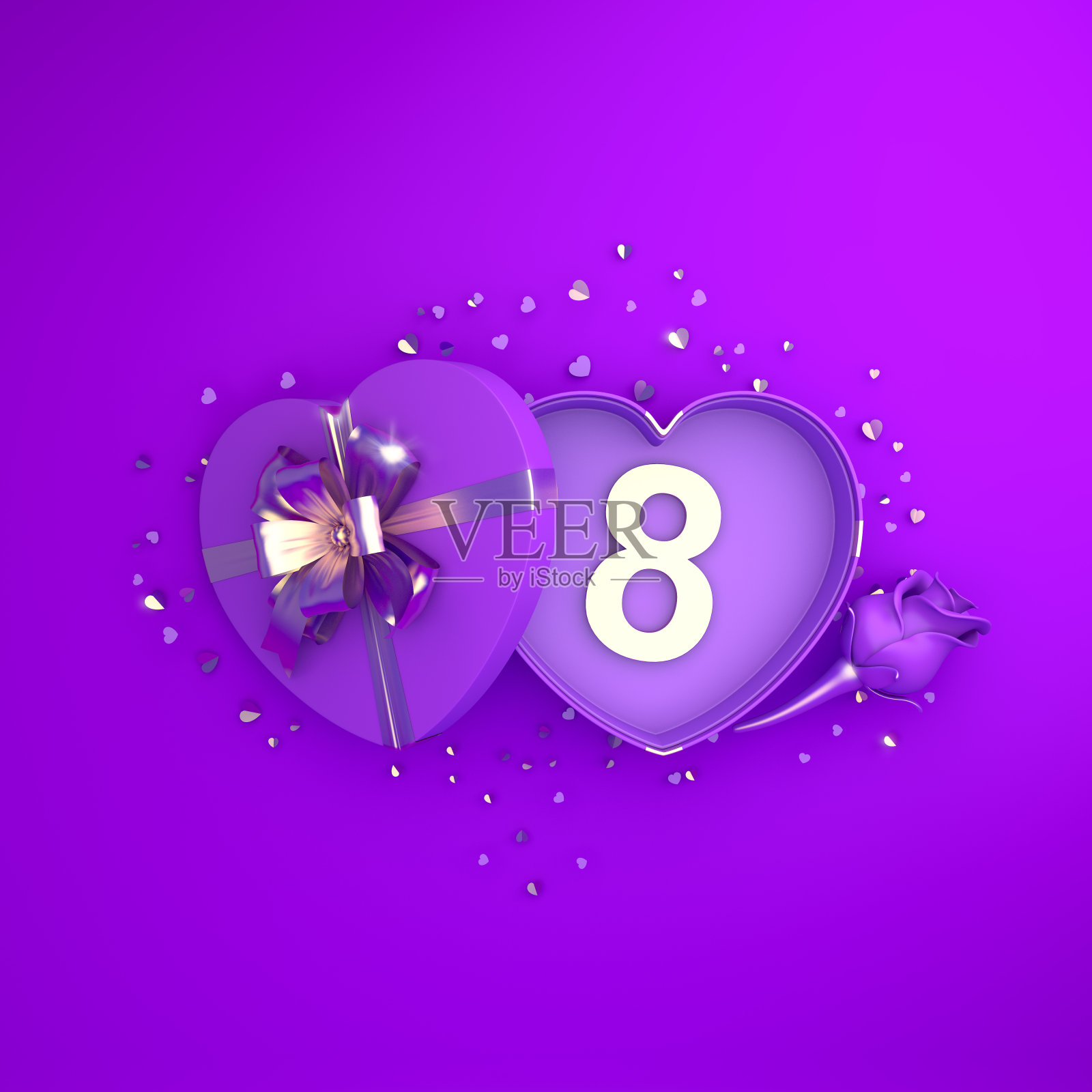 快乐国际妇女节创意贺卡，布局，模板，横幅，3月8日心形礼盒，玫瑰花和五彩纸屑在紫罗兰紫色的背景。3 d演示。照片摄影图片