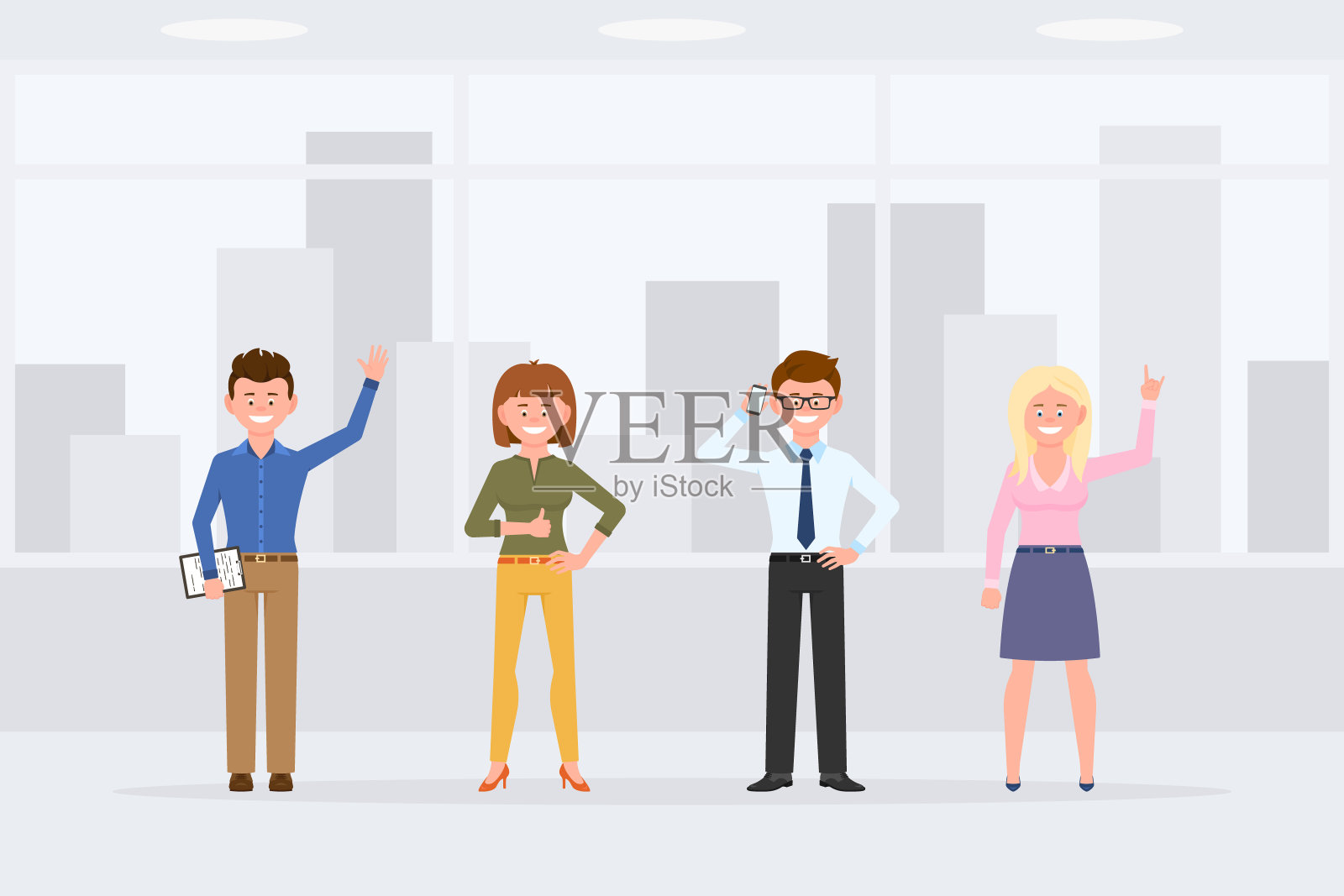 卡通人物站在商业办公室内部的正面视图矢量插图。男同事和女同事挥手，竖起大拇指，打电话，对着城市风景微笑插画图片素材