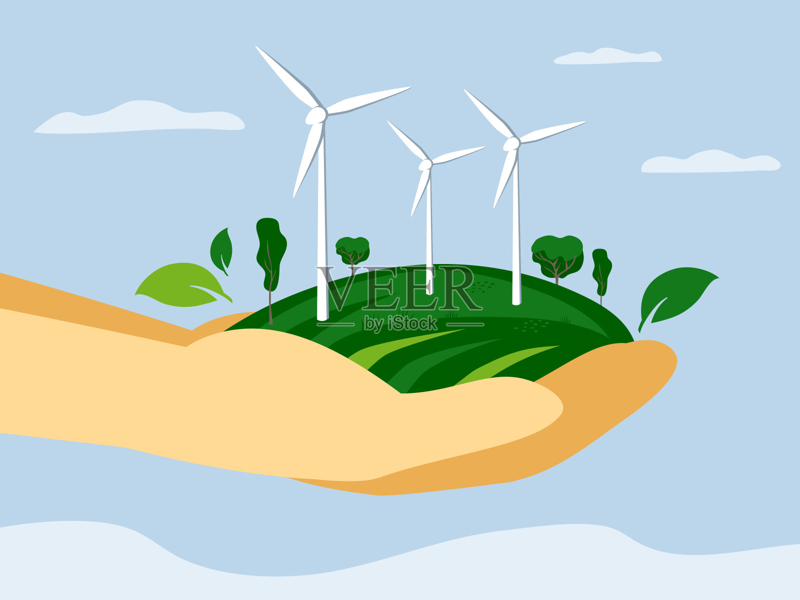 绿色技术概念与风力涡轮机在手中设计元素图片