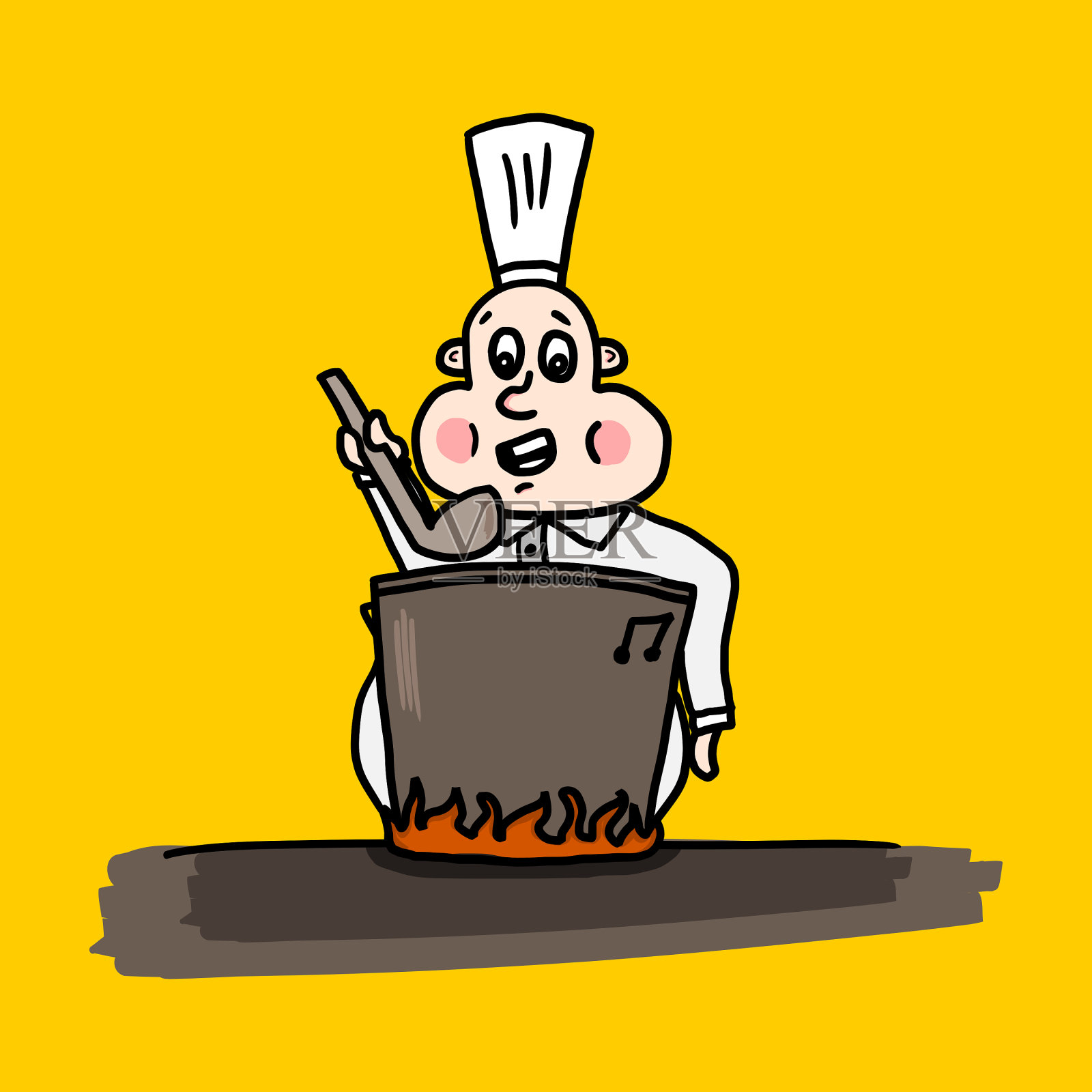 有趣的胖厨师厨师性格是品尝一顿饭(汤)从一个锅。手绘涂鸦插图孤立在黄色的背景。设计元素图片