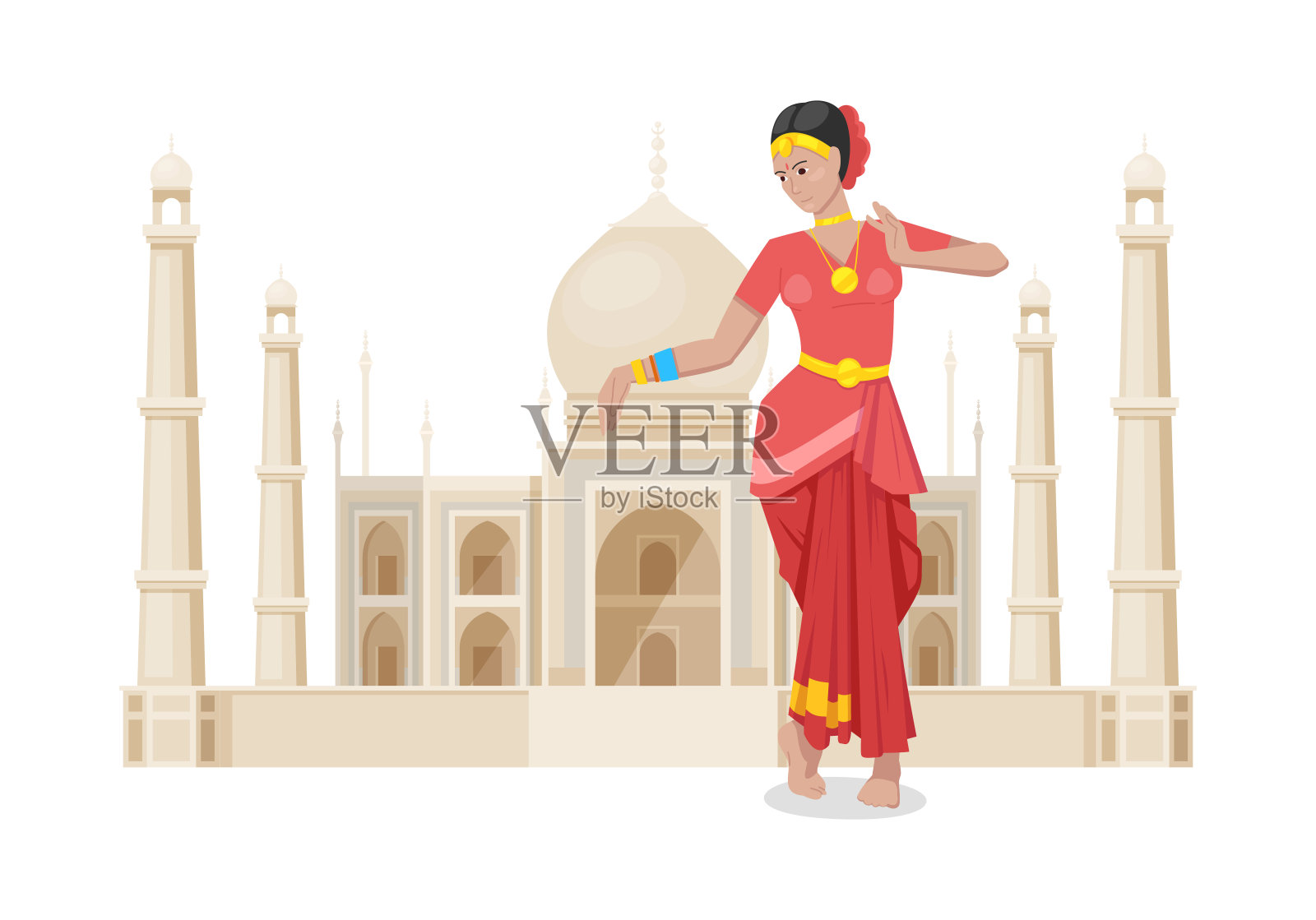 印度女舞者，穿着鲜艳的红色传统服装和装饰设计模板素材