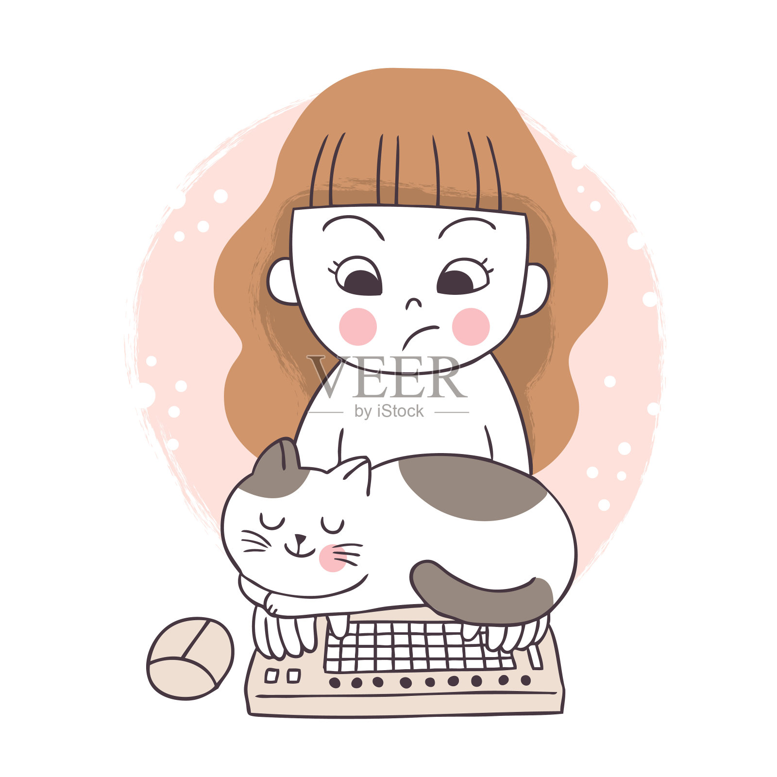 卡通可爱的女人和猫睡在键盘矢量。插画图片素材