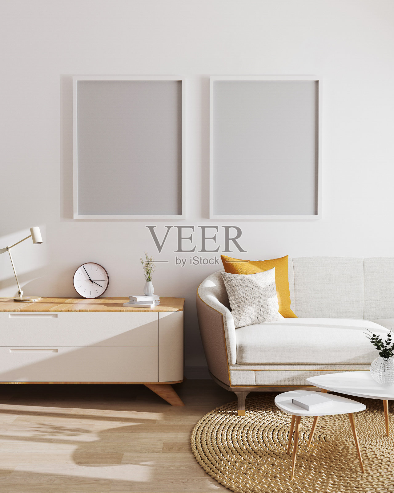 模型海报框架在现代客厅室内背景。斯堪的纳维亚风格，空白画框模型，美丽的生活内部，3d渲染照片摄影图片