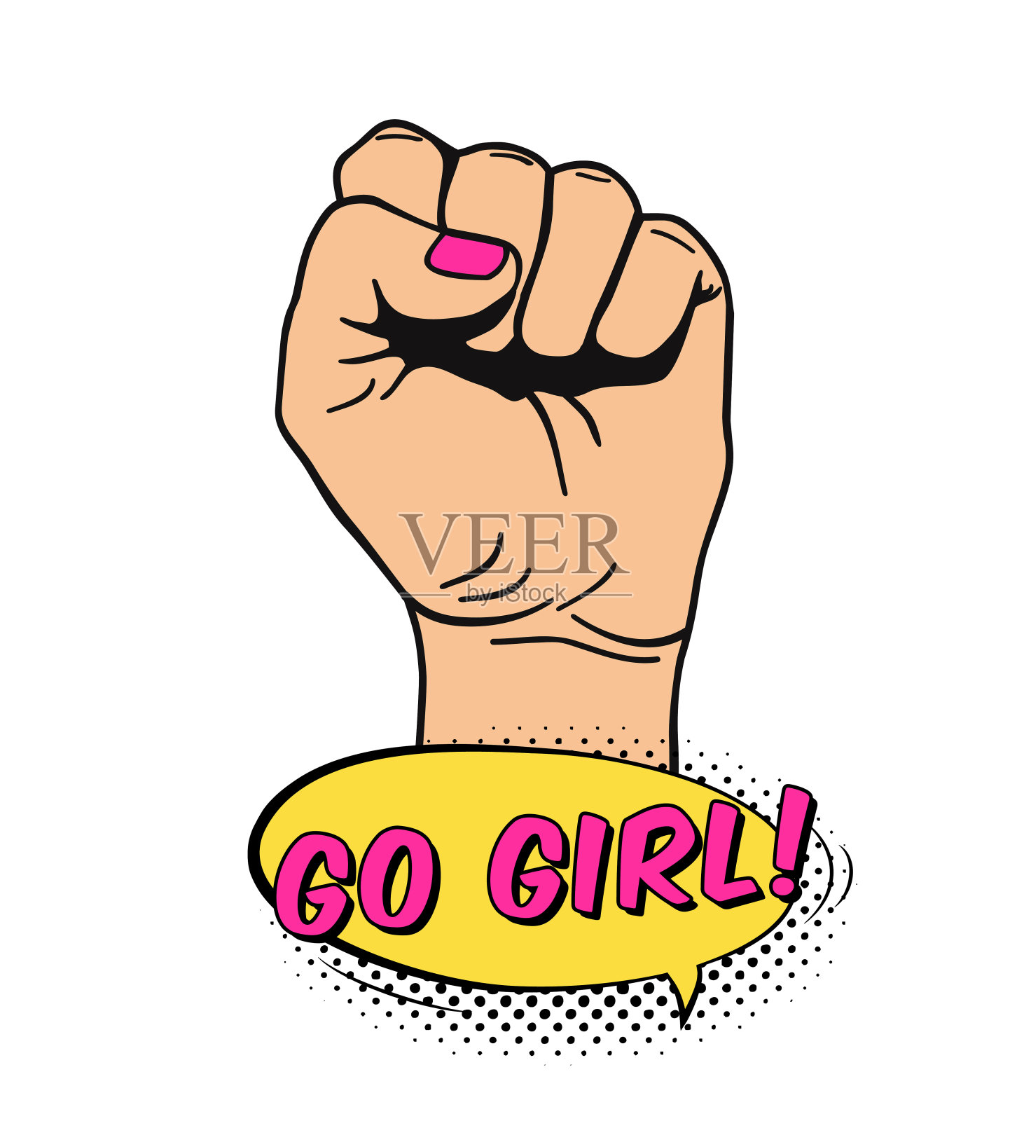 矢量插图提高妇女的拳头在波普艺术漫画风格。标语牌上有妇女权利和团结的主题，女权主义的概念，抗议，反抗，革命插画图片素材