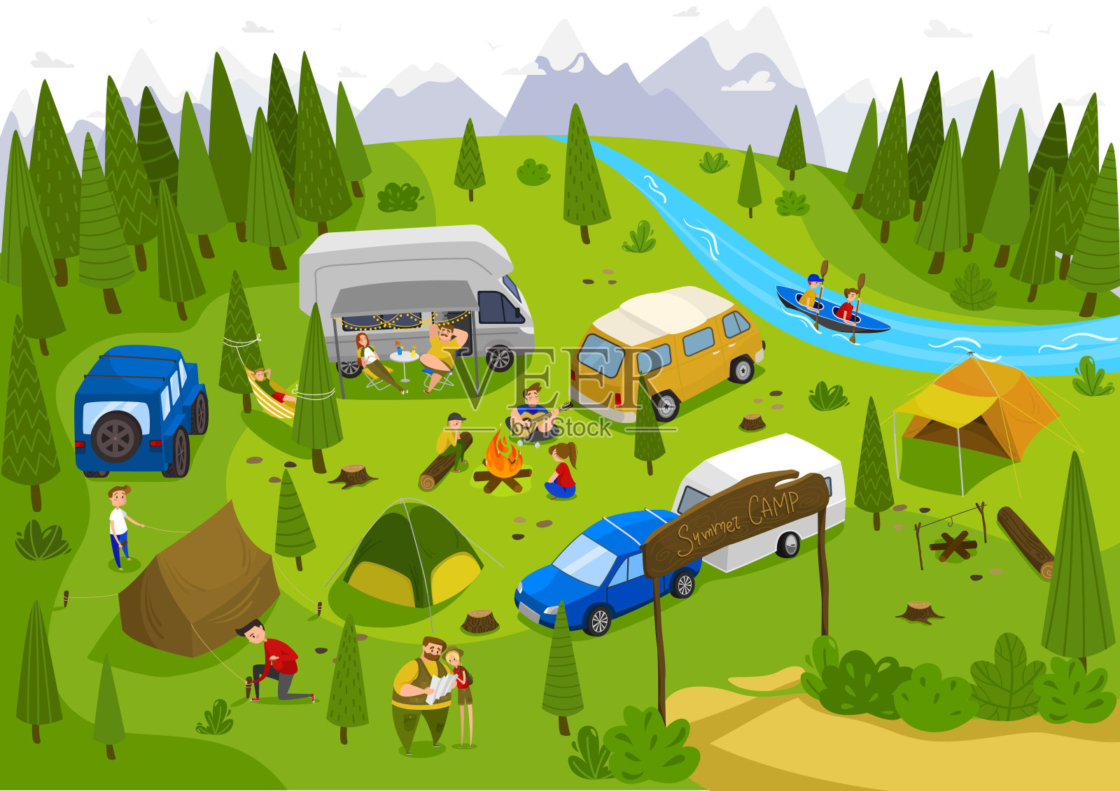夏季户外露营在大自然中，人们在度假，矢量插图插画图片素材