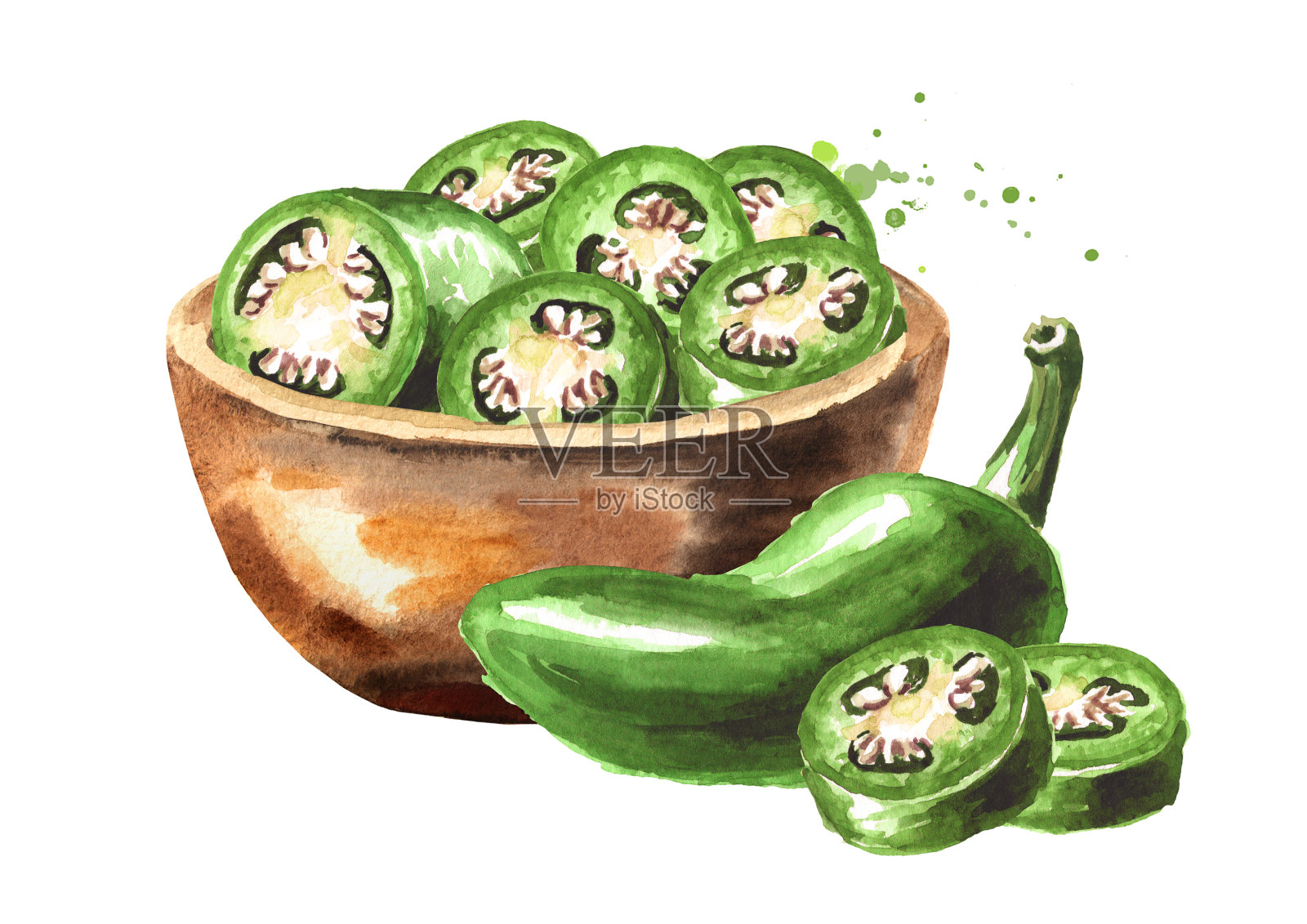 一碗墨西哥辣椒，整粒，切成两半，切成薄片。手绘水彩插图，孤立的白色背景插画图片素材