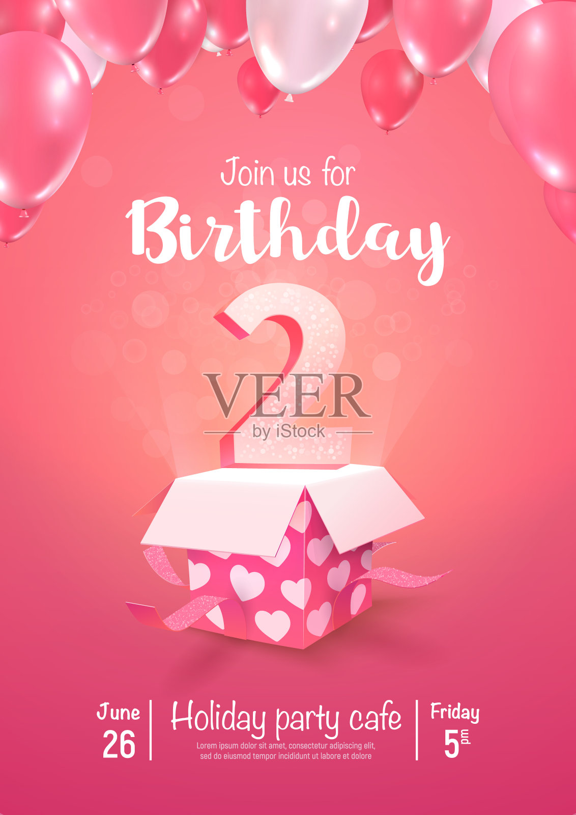 庆祝2年生日矢量3d插图在软背景。两周年庆典和打开礼盒气球海报模板设计模板素材