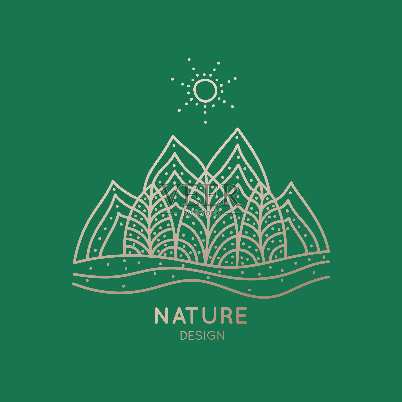 绿色背景上的自然元素矢量标志。线性景观图标与树木，山脉-商业标志，徽章旅游，旅游和生态概念，健康和瑜伽中心。插画图片素材