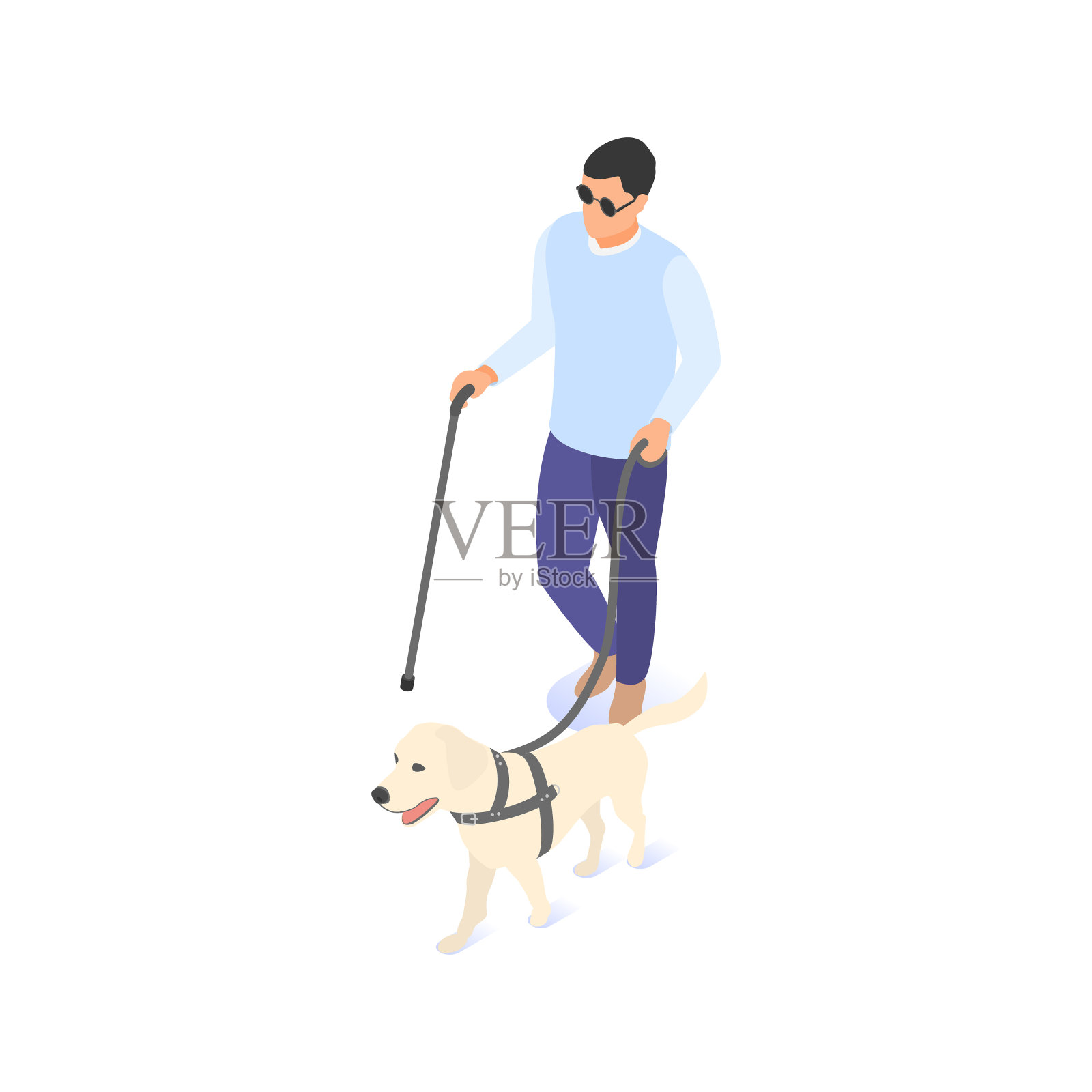 一个拄着拐杖和导盲犬的盲人。插画图片素材