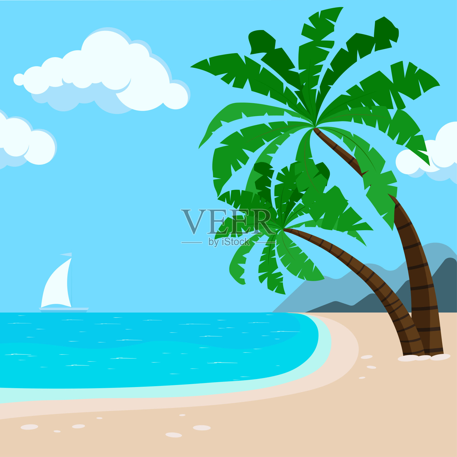 热带夏威夷海滩背景有棕榈树、大海、帆船。插画图片素材