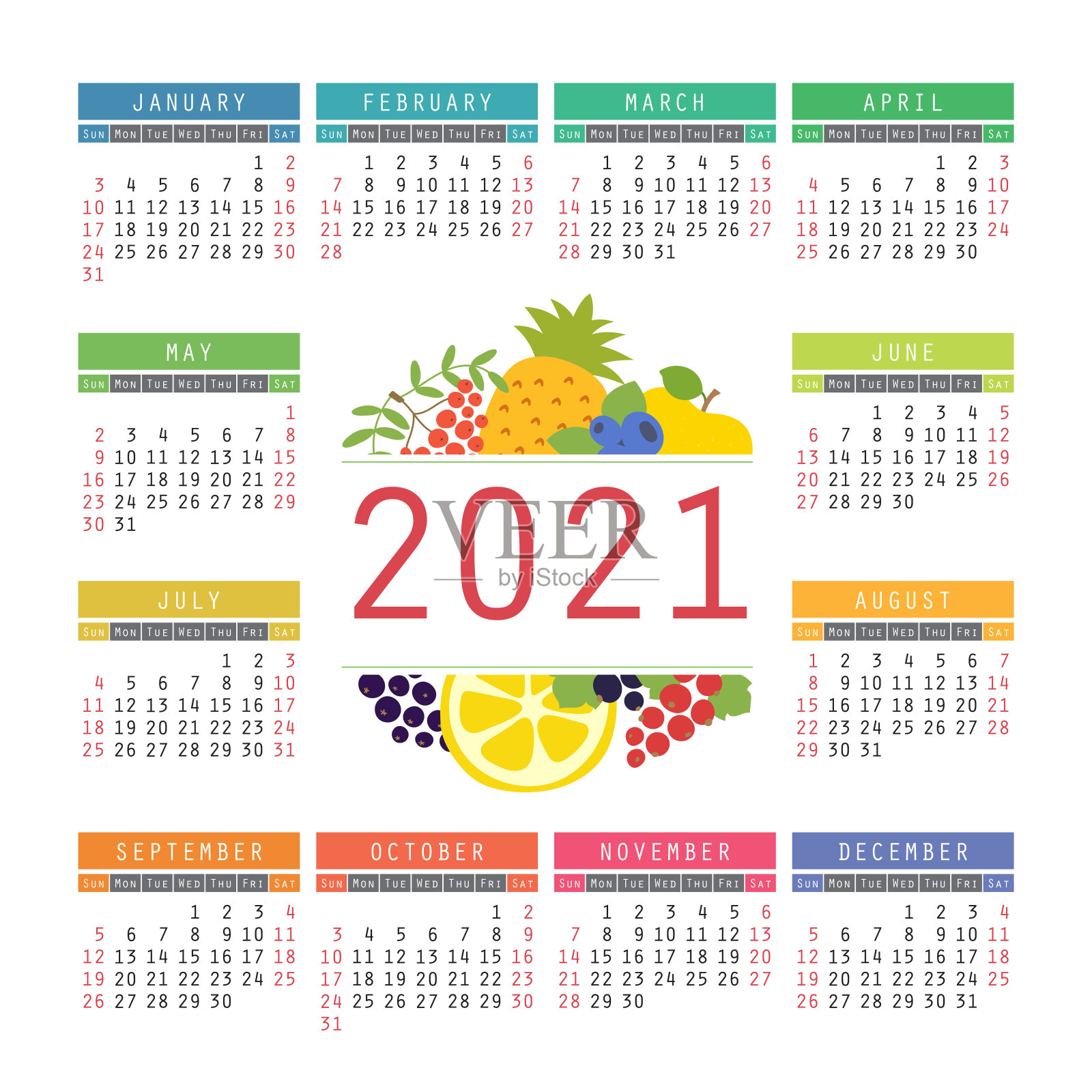 2021年日历。有机健康食品。颜色水果和浆果素描菜单。新鲜花楸，苹果，柠檬，菠萝，红加仑子，蓝莓和黑莓。丰富多彩的设计模板。手绘向量设计模板素材