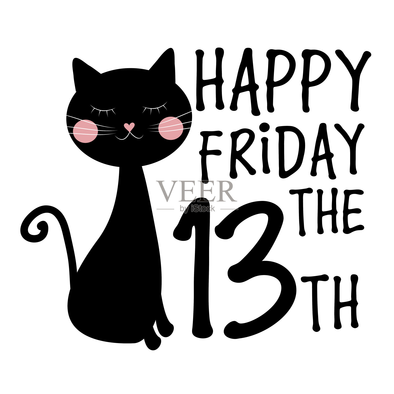 13号星期五快乐，白底黑猫文字。插画图片素材