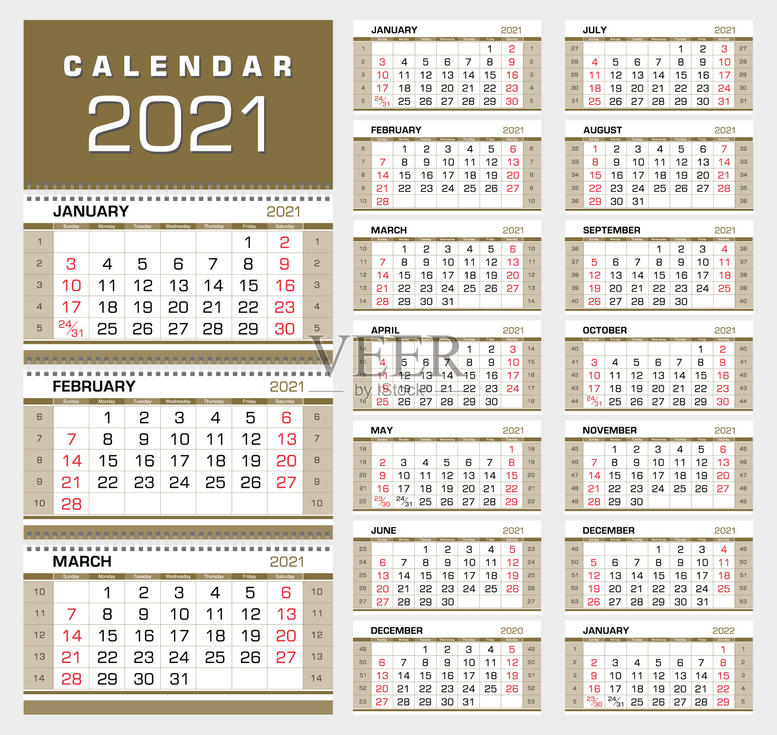 黄金墙季度日历2021年与周数字。一周从周日开始，14个月。准备打印，颜色-金色，黑色，红色。矢量图设计模板素材