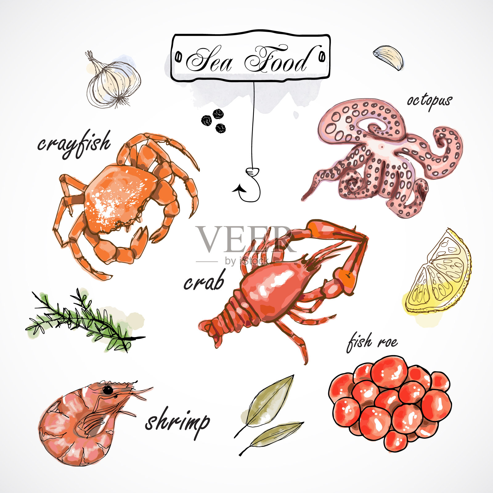 水彩集海鲜，牡蛎，螃蟹，虾，柠檬和香草和香料。手绘在白色背景上。插画图片素材