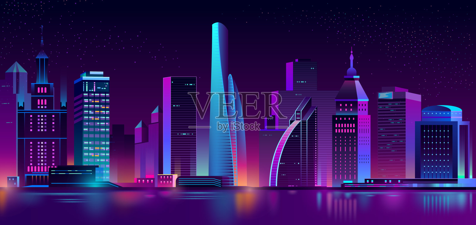 矢量霓虹大都市背景与建筑物，摩天大楼插画图片素材