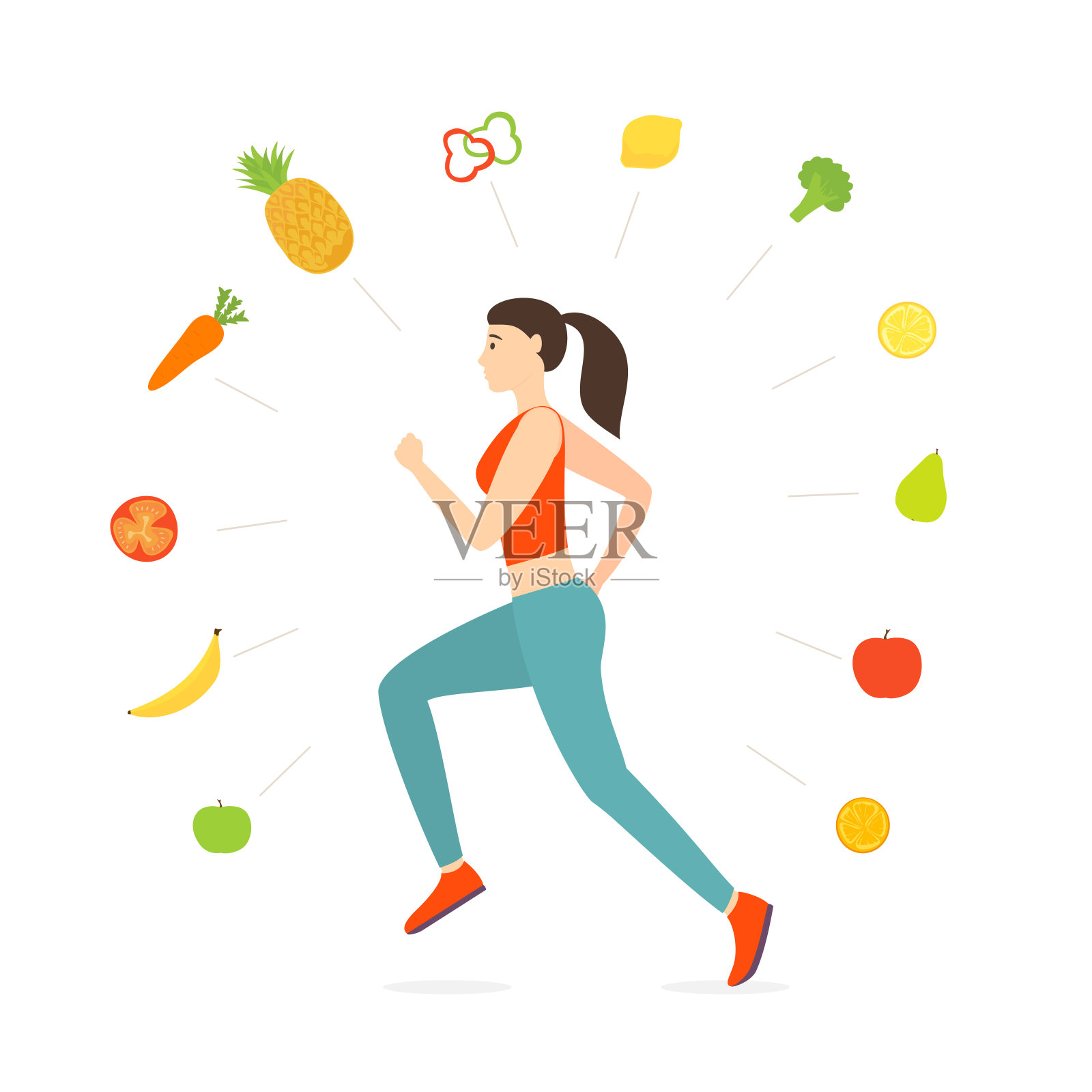 跑步女孩与蔬菜和水果设计元素图片