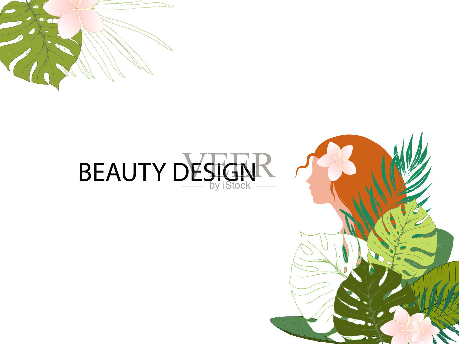 生态和美容卡模板。一个红色头发和热带植物的女孩的侧面。插画图片素材
