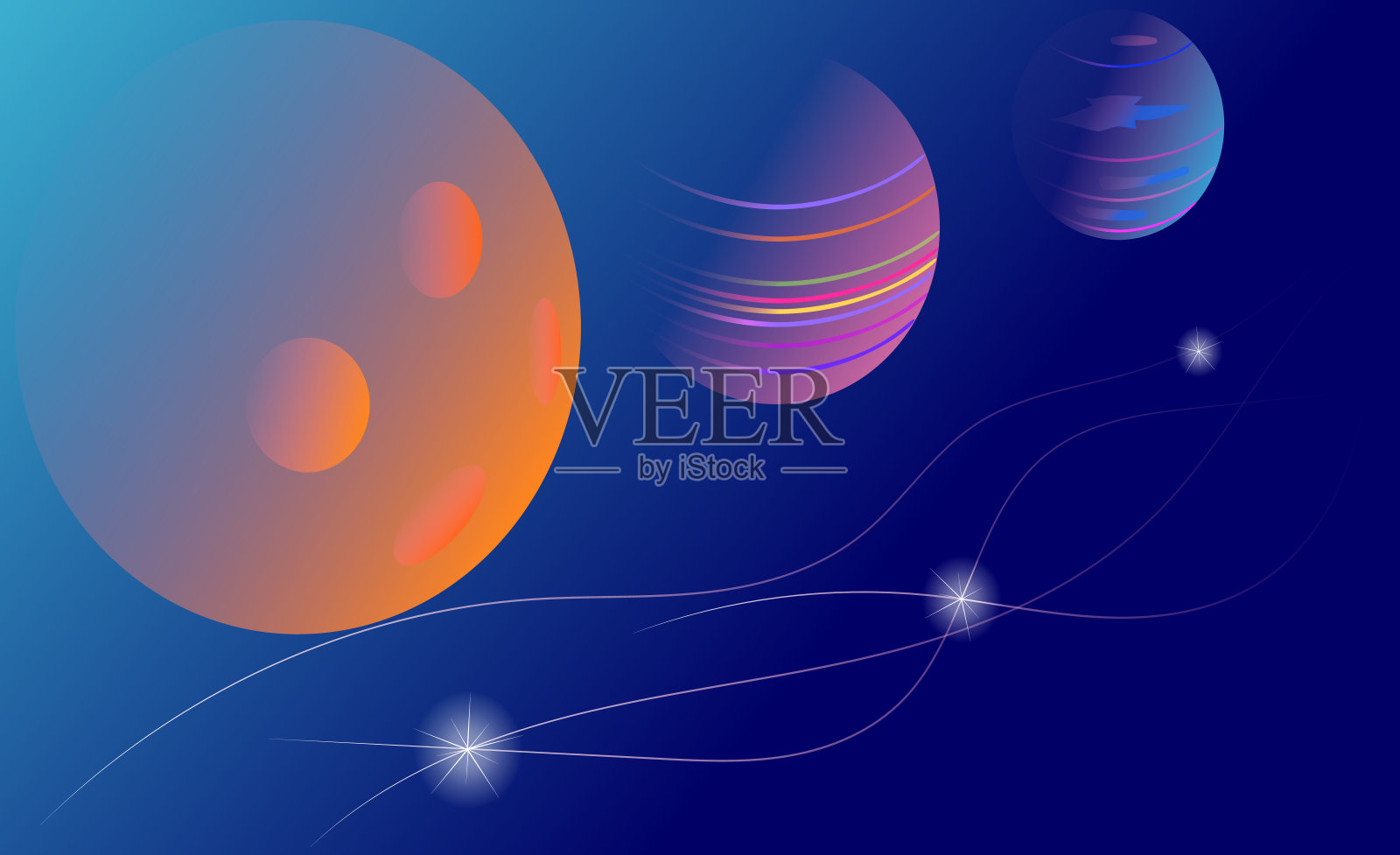 空间和行星背景。在黑暗的空间中有三颗彩色的行星，它们有恒星和发光的线条。矢量插图。有行星的宇宙天空插画图片素材