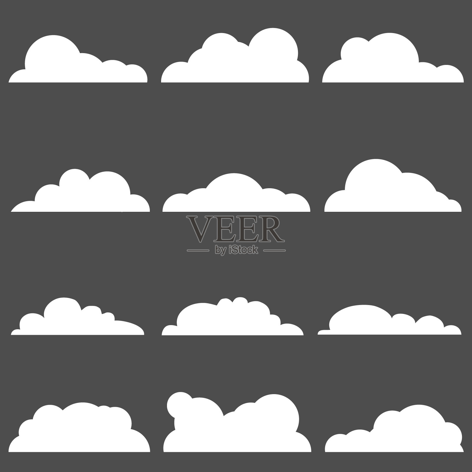 云，云图标，白云孤立在黑色的背景。向量,卡通插图。向量。插画图片素材