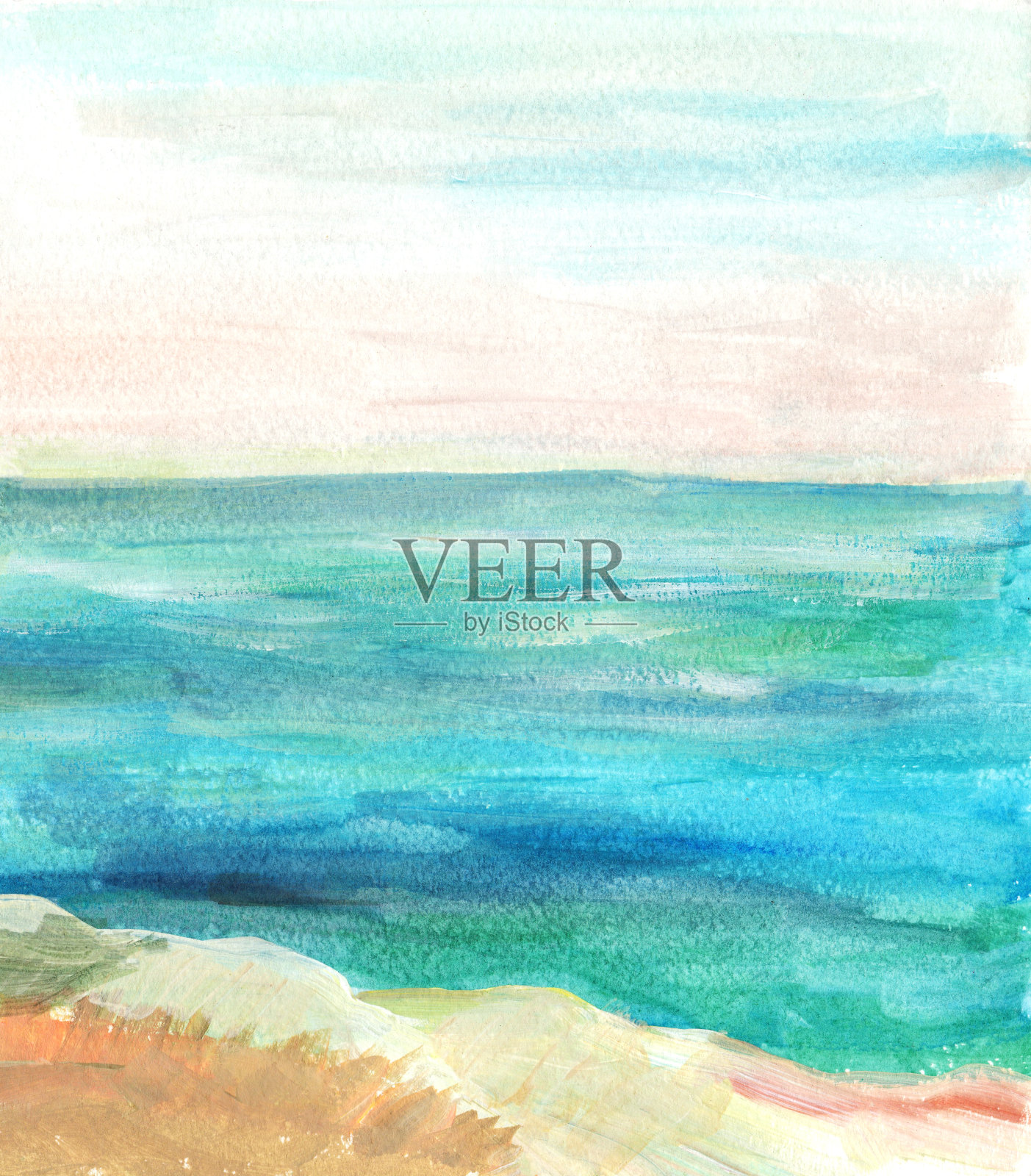 手绘水彩画彩色的岩石，海，绿色的树，蓝天背景。插画图片素材