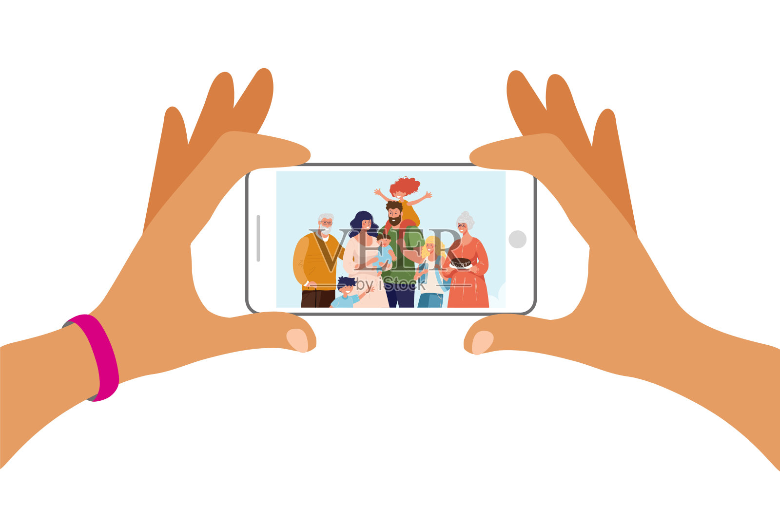两只手拿着一个手机，屏幕上有一张家庭照片。一个大家庭使用现代技术的照片。平面卡通矢量插图。插画图片素材