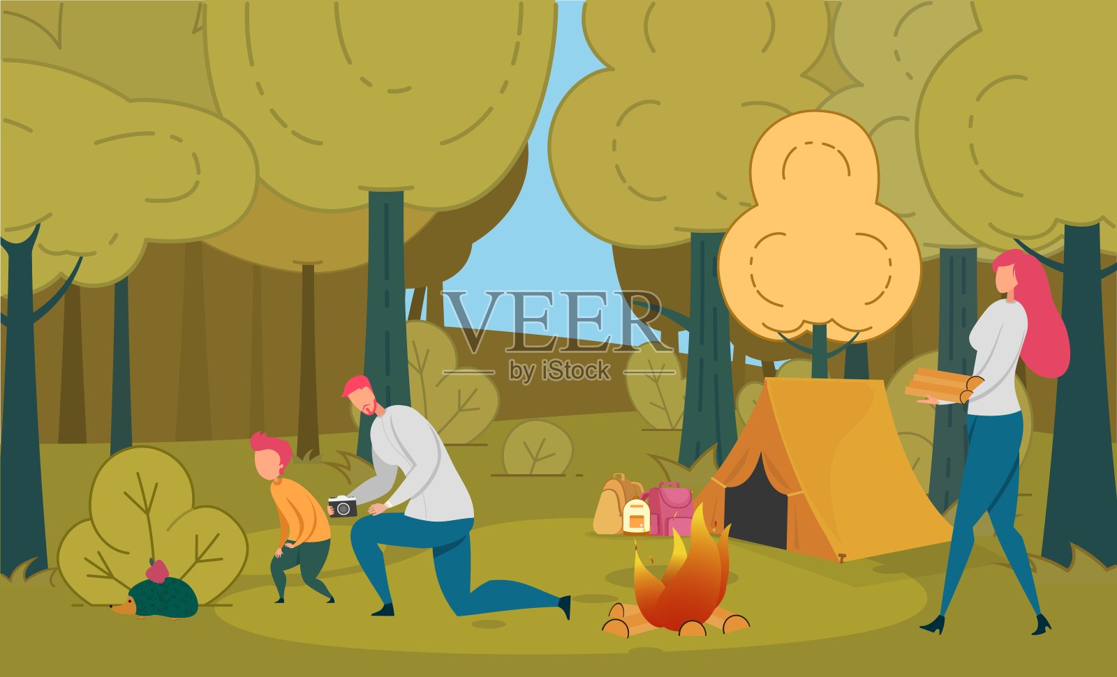 游客家庭休闲露营，在营地中放松。插画图片素材
