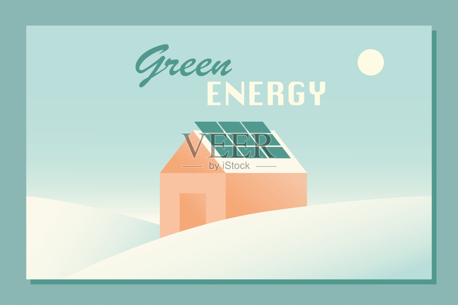 绿色能源刻字和屋顶上有太阳能板和阳光的小屋。现代手绘矢量插图在平面风格和复古的颜色。绿色科技，太阳能。插画图片素材