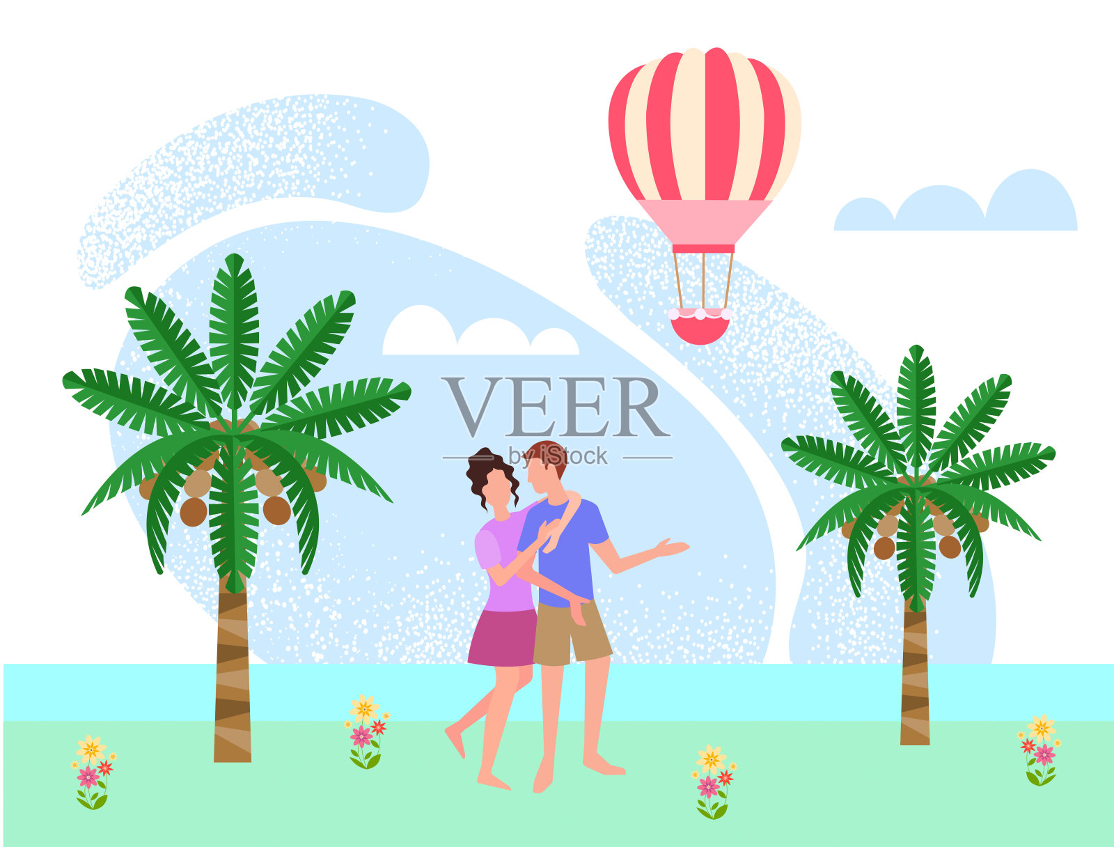 年轻夫妇在海边的棕榈树和气球之间设计元素图片